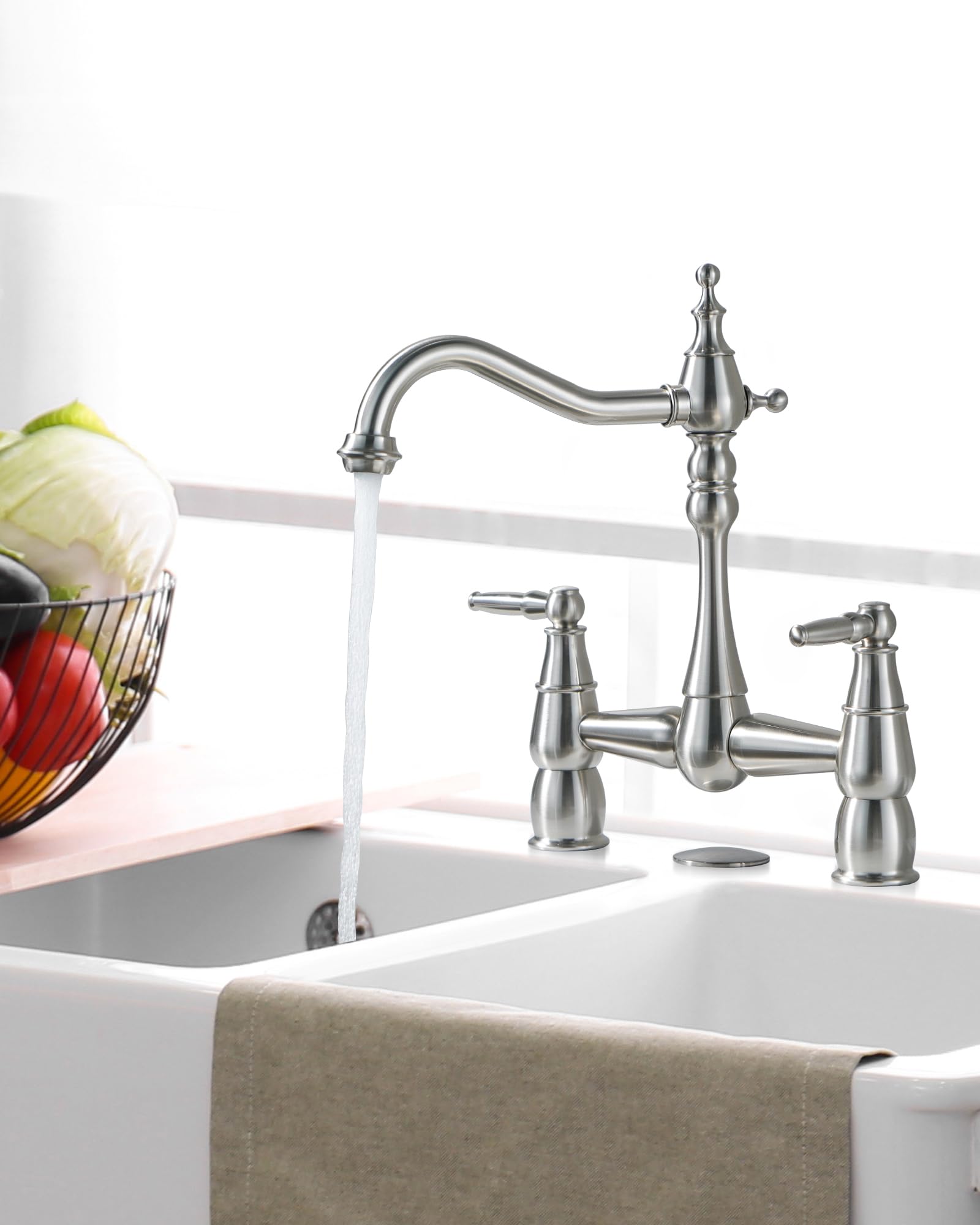 Aleasha Bridge Centerset Kitchen Faucet For Sink, Deck Mount Brass Vintage Farmhouse Kitchen Faucet, 2 Handle 2 Hole 360 Degree Swivel Copper Faucet, Brushed Nickel