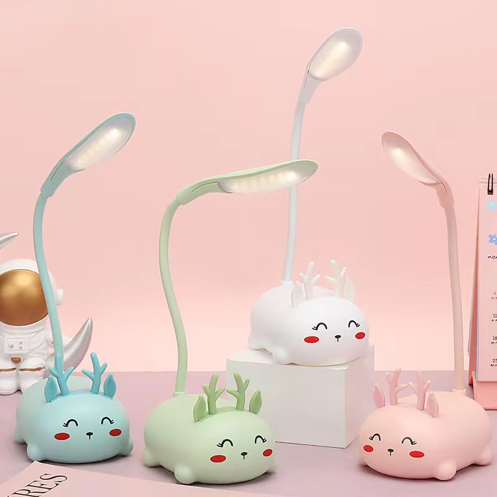 Neioaas Cute Elk Lamp Usb Rechargeable Reading Light,Led Desk Lamp For Kids, Portable Led Table Light, Flexible Gooseneck Eye-Care Cartoons Small Desk Lamp Girls (White)