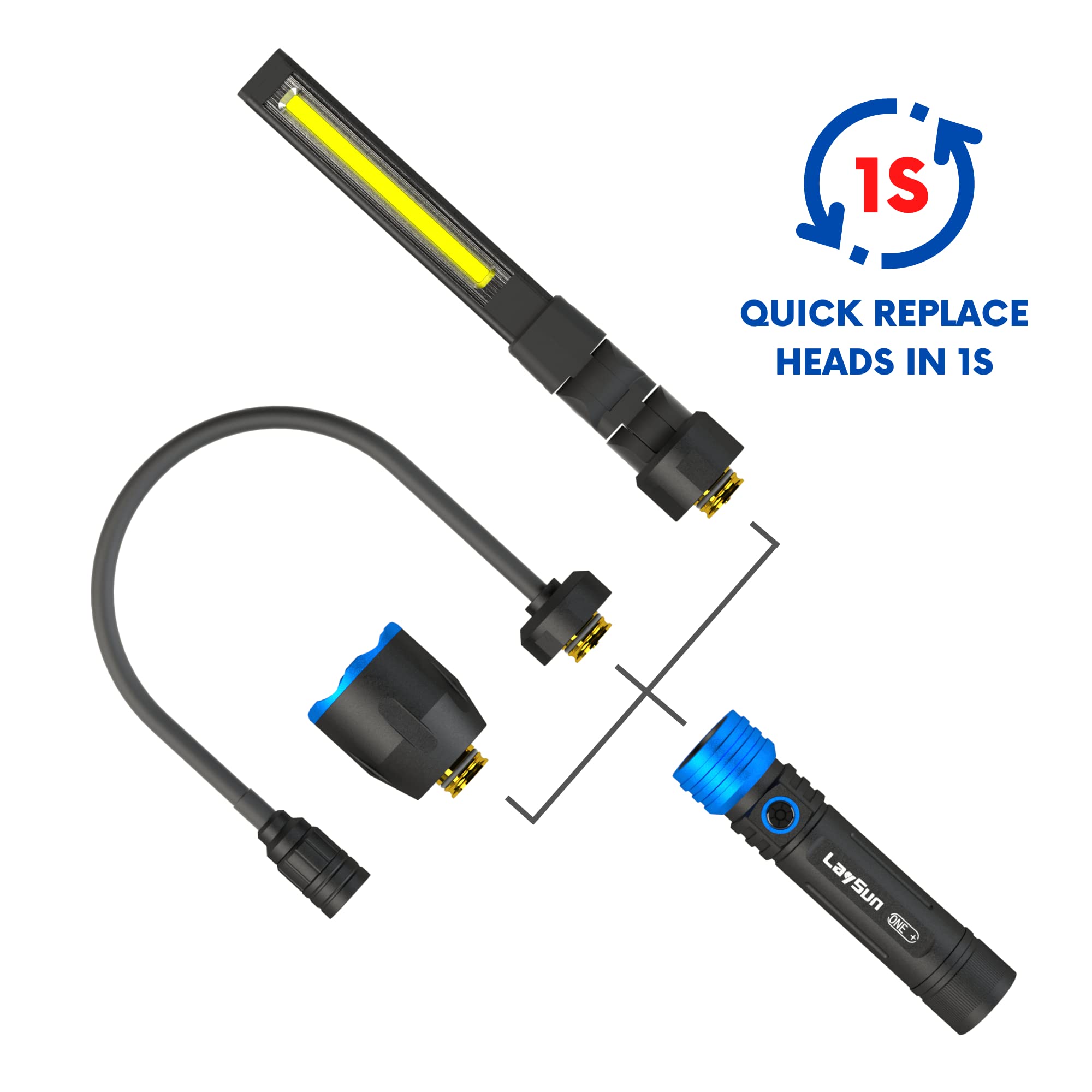 Laysun 3 In 1 Quick Connect Rechargeable Led Work Light Kit With Magnetic Base, Led Flashlight With Flexible Gooseneck Light And Slim Bar Light, 4000Ma Battery And Usb-C Charge