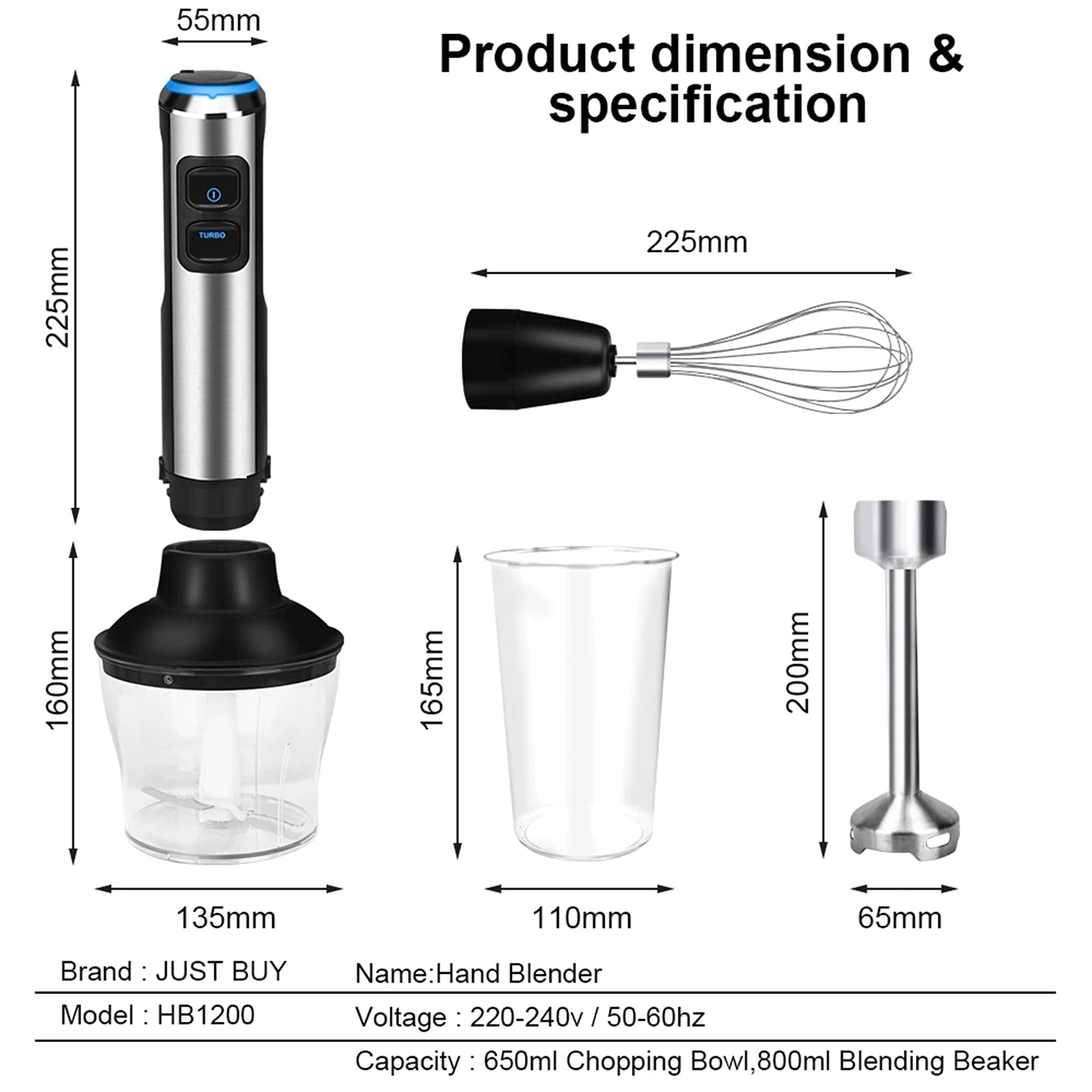 Jzlamp 1200W Electric Stick Hand Blender Mixer Hand Immersion Egg Whisk Mixer Juicer Meat Grinder Food Processor