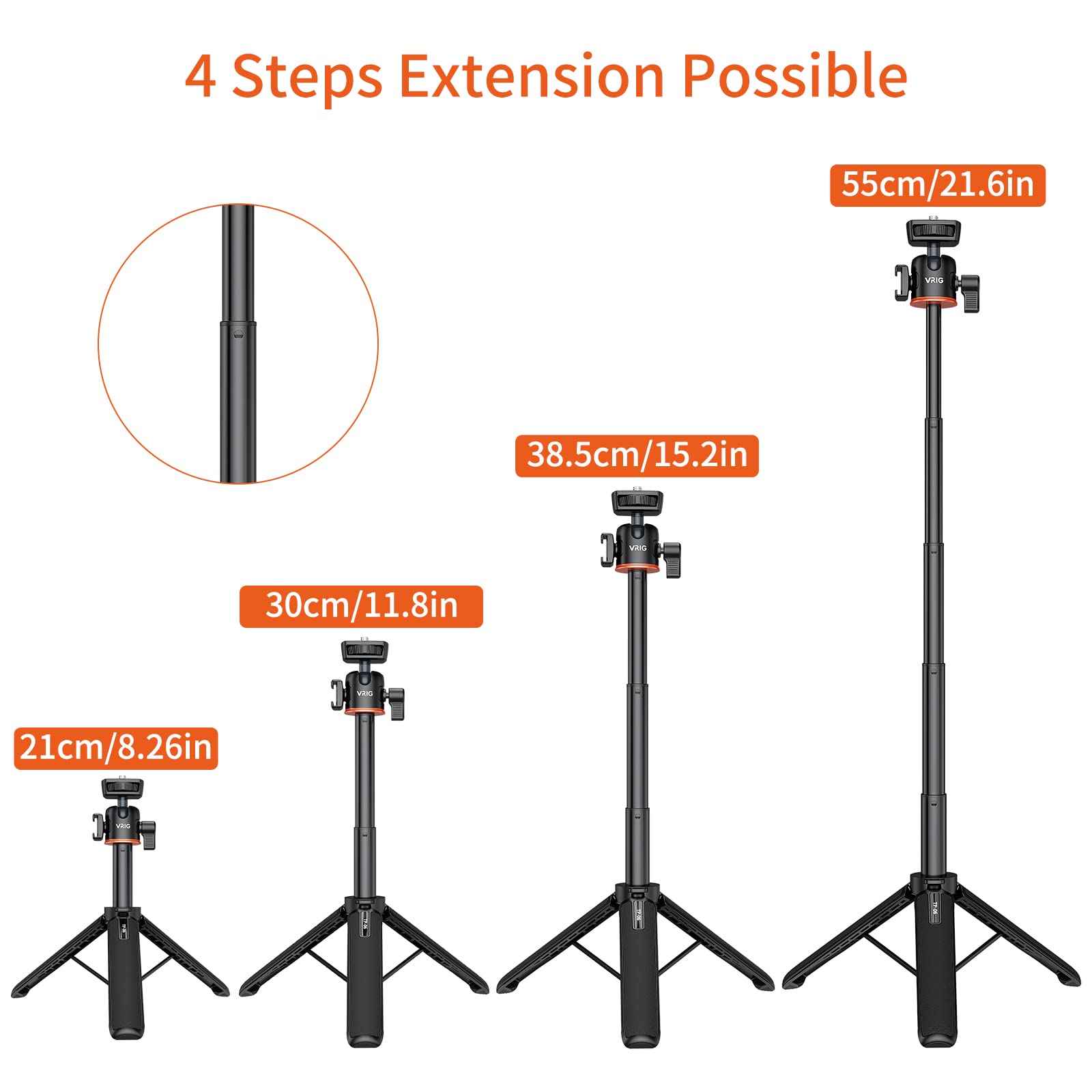 Vrig Select Uurig 21.6" Extension Pole Tripod, Mini Selfie Stick Tripod Stand Handle Grip For Dji Osmo Pocket 3 Webcam Canon G7X Mark Iii Sony Zv-1 Rx100 Vii A6400 A6600 Cameras Vlogging