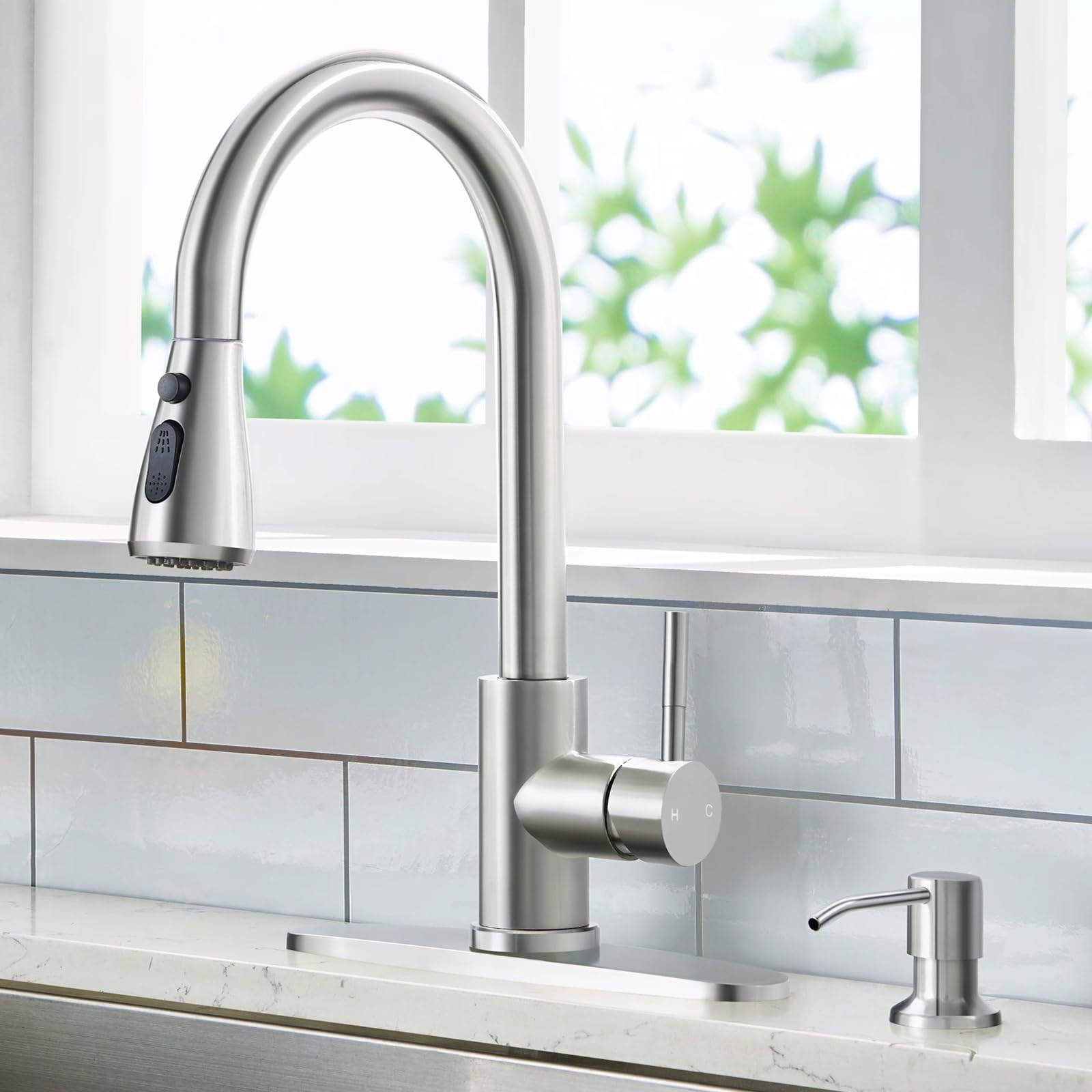 Ceihnau Kitchen Faucets With Soap Dispenser, Stainless Steel Kitchen Sink Faucet With Pull Down Sprayer, 3 Mode High Arc Brushed Nickel Single Hole Pull Out Faucet For Bar Laundry Rv Utility Outdoor