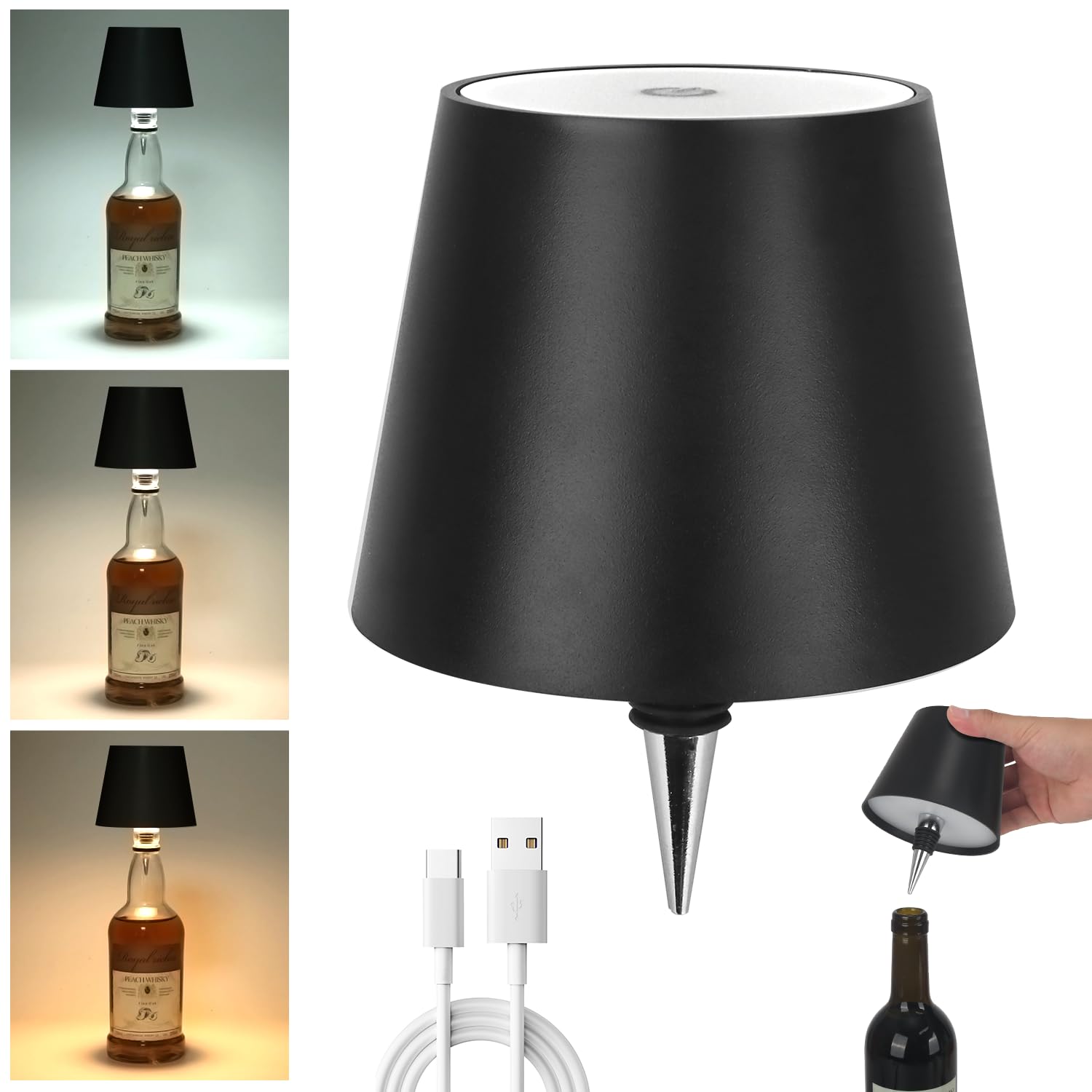 Eogow Wireless Bottle Lamp, Portable Led Wireless Bottle Lamp With 3 Color Dimming, Rechargeable Wine Bottle Light Head, Touch Table Lamp For Bedroom Bar Restaurant Christmas (Black)