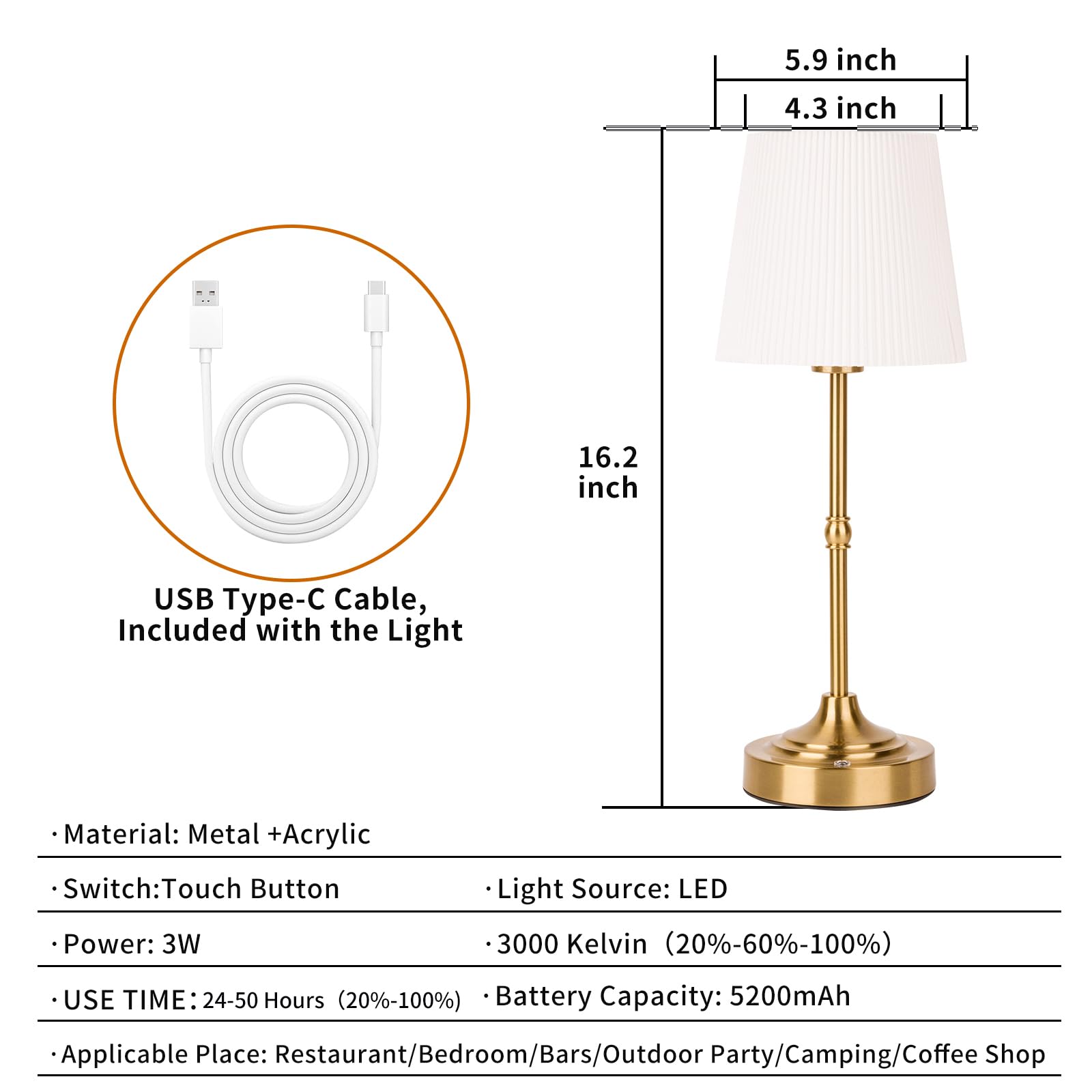 Hapygi Portable Metal Cordless Table Lamp,Built-In 5200Mah Rechargeable Battery, Dimmable Touch Small Bed Side Desk Lamp,Restaurant/Bedroom/Bar/Coffee/Night Light/Camping (Gold)