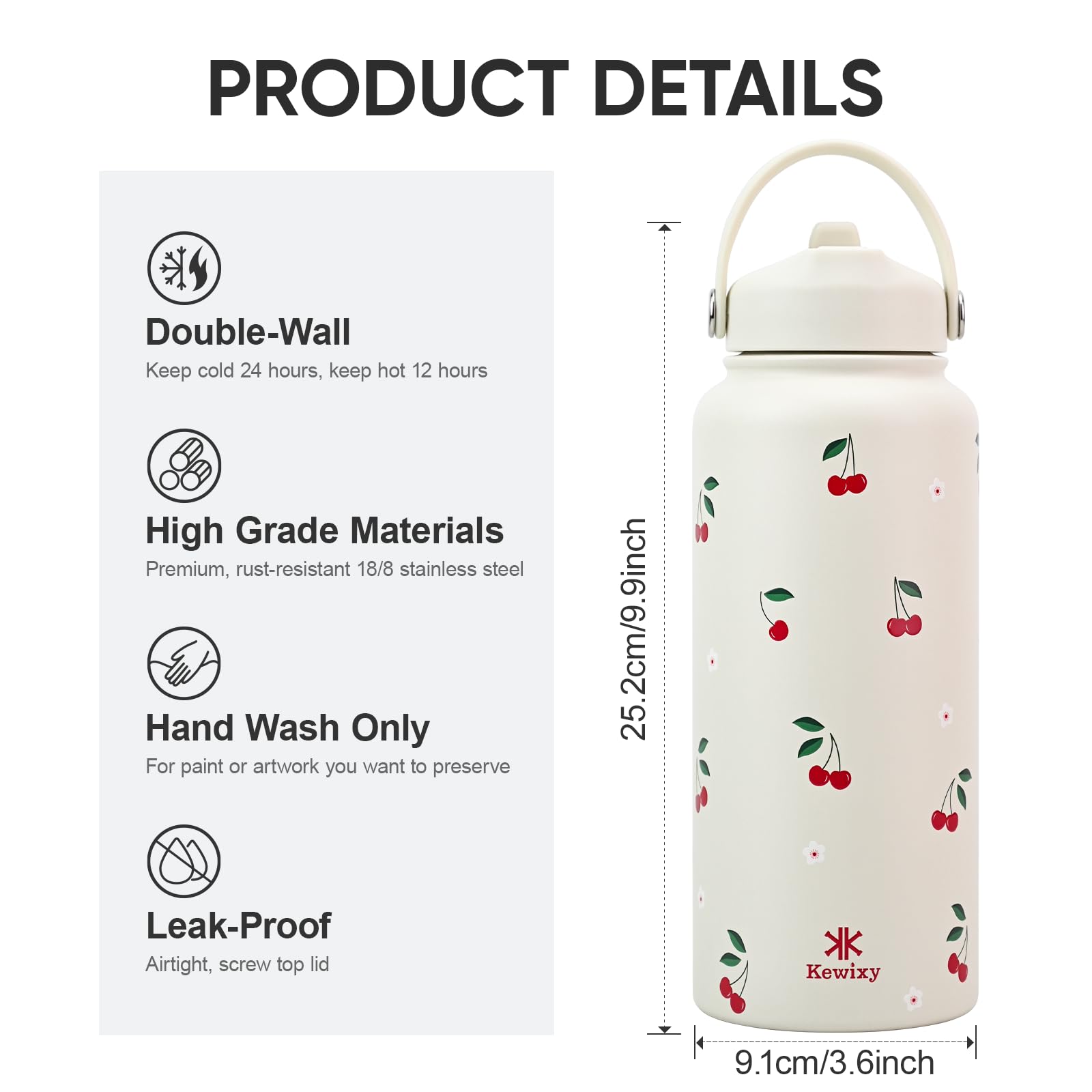 32 Oz Insulated Water Bottle With Straw, Leak Proof Water Bottle Stainless Steel With Flip Straw