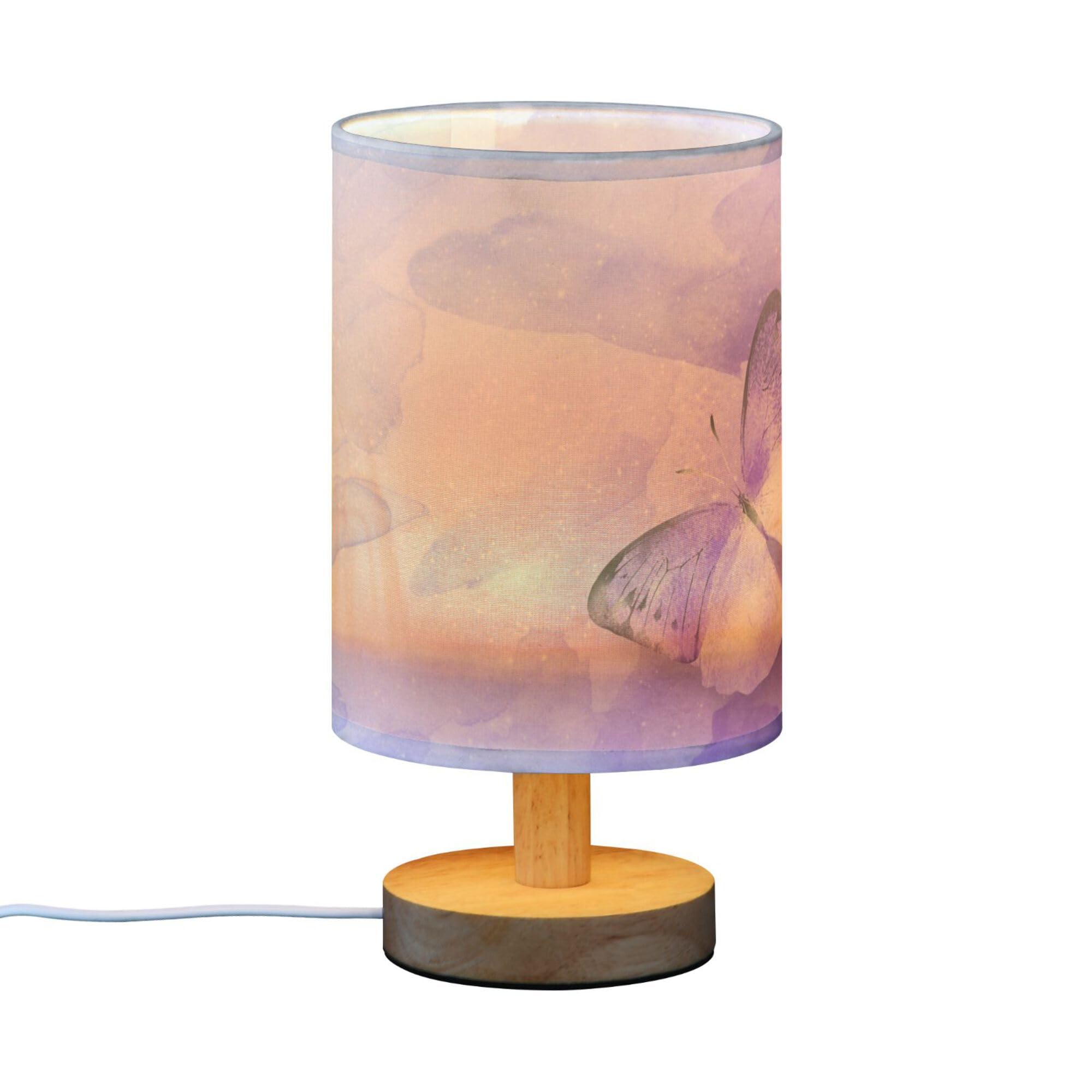 Yyzzh Table Lamp Watercolor Purple Butterfly Galaxy Nightstand Lamp With Wood Base Fabric Lamp Shade Bedside Desk Lamp For Living Room Bedroom Kids Room Office