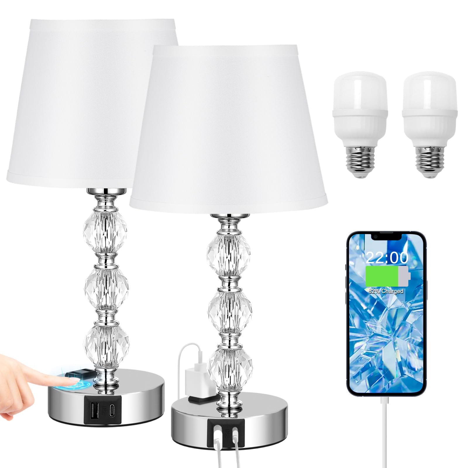 Acaxin 14.6'' Bedside Lamps For Bedrooms Set Of 2 - Mini Crystal Table Lamps With Usb A+C Charging Ports And Ac Outlet, 3 Way Dimmable Touch Control Silver Bed Side Nightstand Lamp