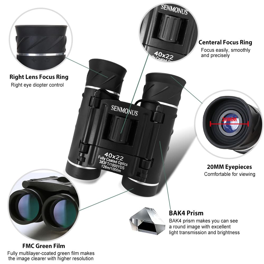 Senmonus 40X22 Compact Small Binoculars For Adults And Kids, Lightweight Pocket Binoculars For Bird Watching, Travel, Concerts, Sports, Camping And Hiking With Weak Light Night Vision (Bak4 Prism Fmc Lens)