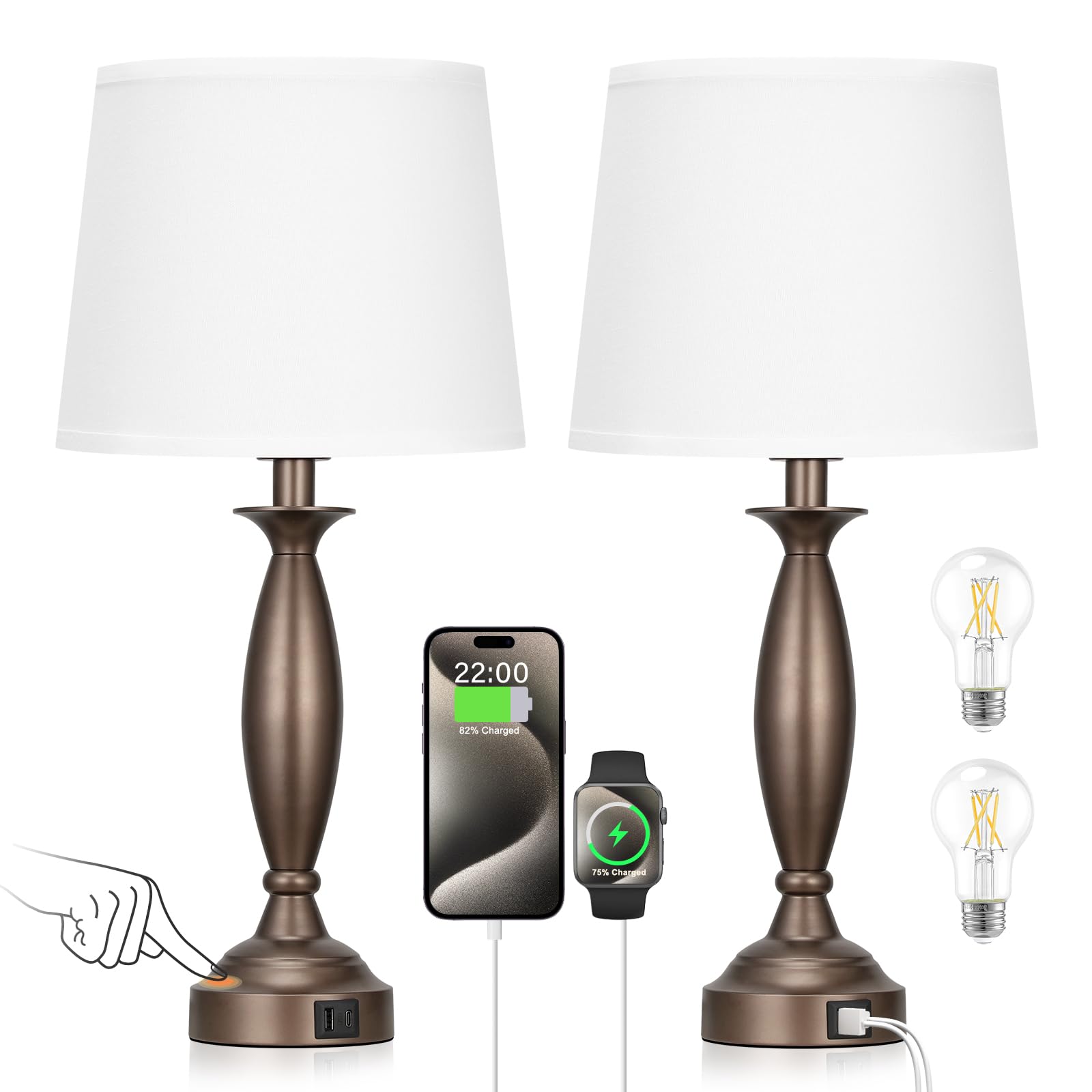 Seealle White Brown Lamps For Bedrooms Set Of 2 - Touch Control Bedside Lamp With Usb C+A, 3 Way Dimmable Nightstand Lamps With Usb Port, Table Lamp For Living Room(White Shade And Brown Base)