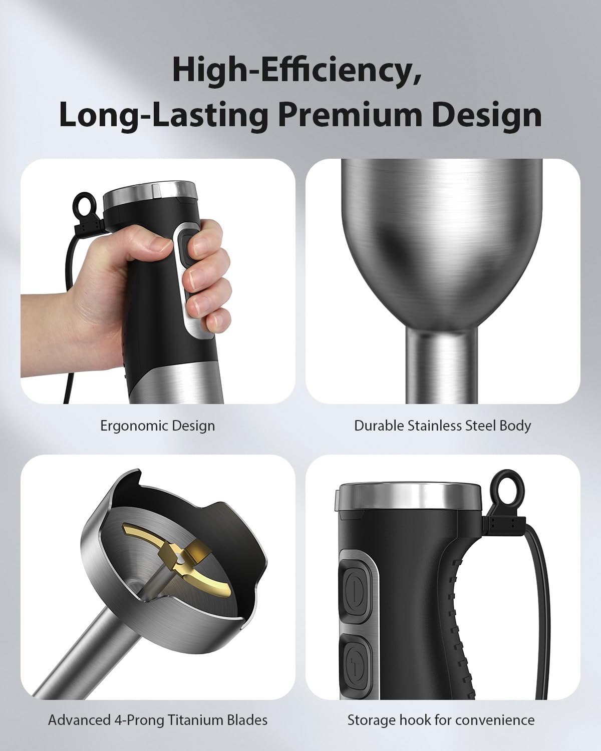 Sheanlah 1000W Powerful Immersion Blender Handheld, Update Hand Blender With 25-Speed And Heavy-Duty Copper Motor, 4 In 1 Hand Mixer With Chopper, Whisk, Beaker And Wand