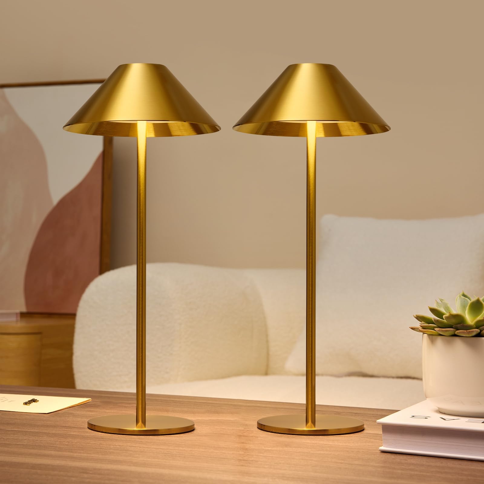Lalavon Cordless Table Lamp Set Of 2, Gold Touch Lamps With 3 Color Dimming, 4000Mah Battery Powered Lamp, Small Desk Lamp For Living Room Bedroom Patio