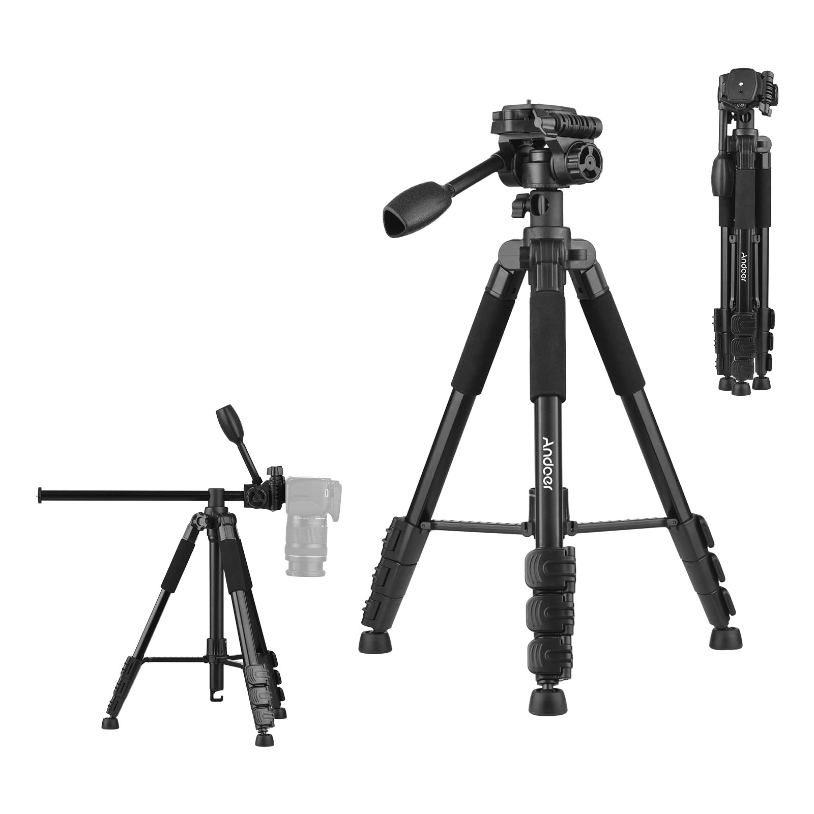 Andoer 157Cm/61.8Inch Portable Tripod Horizontal Camera Tripod Stand Aluminum Alloy 5Kg/11Lbs Load Capacity 1/4 Inch Screw Connection With Phone Clamp Carry Bag For Vlog Live Streaming Video Recording