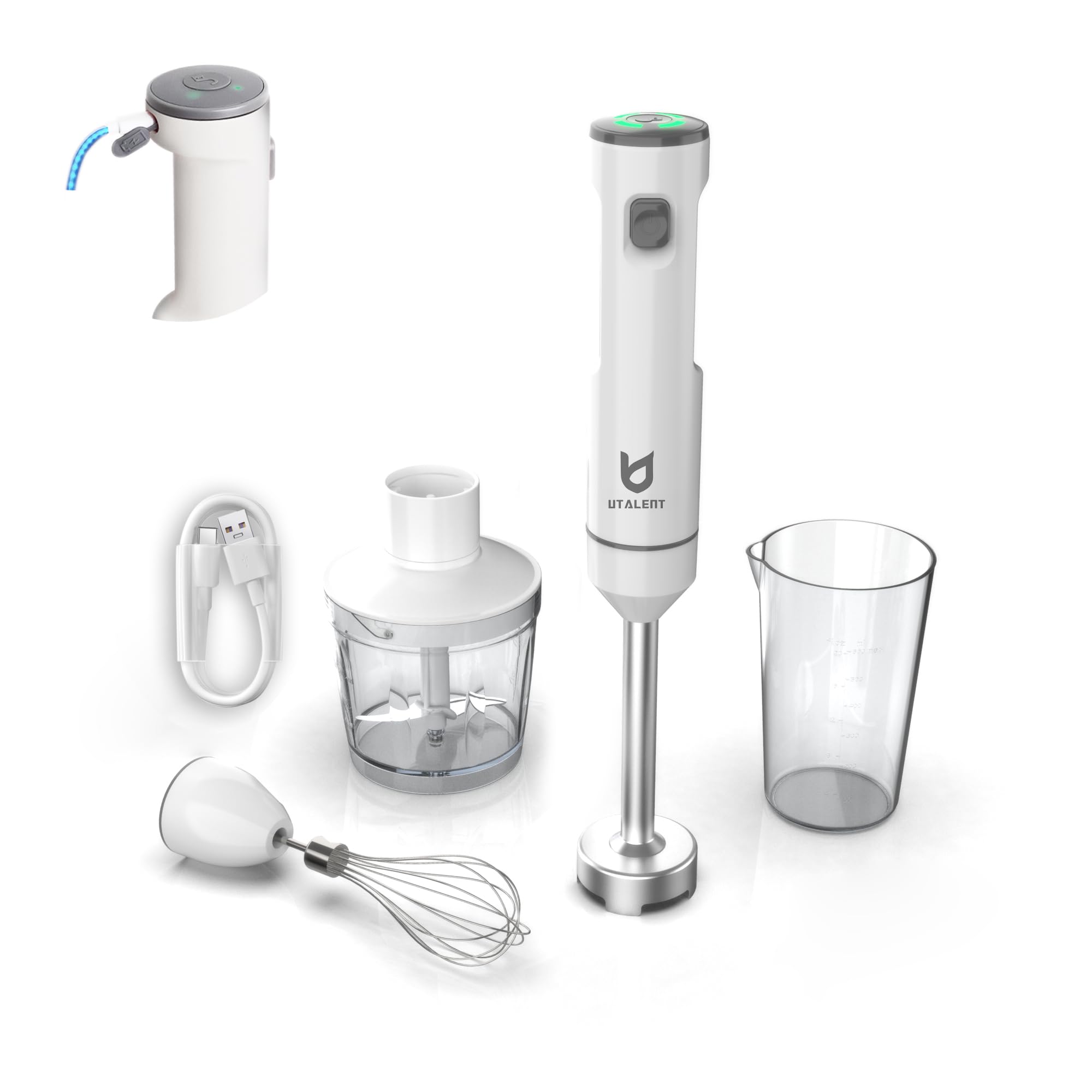 Utalent Cordless Hand Blender, Variable Speed Immersion Blender Rechargeable, With 500Ml Chopper, 600Ml Container, Egg Whisk, For Smoothies, Baby Food And Soups – White