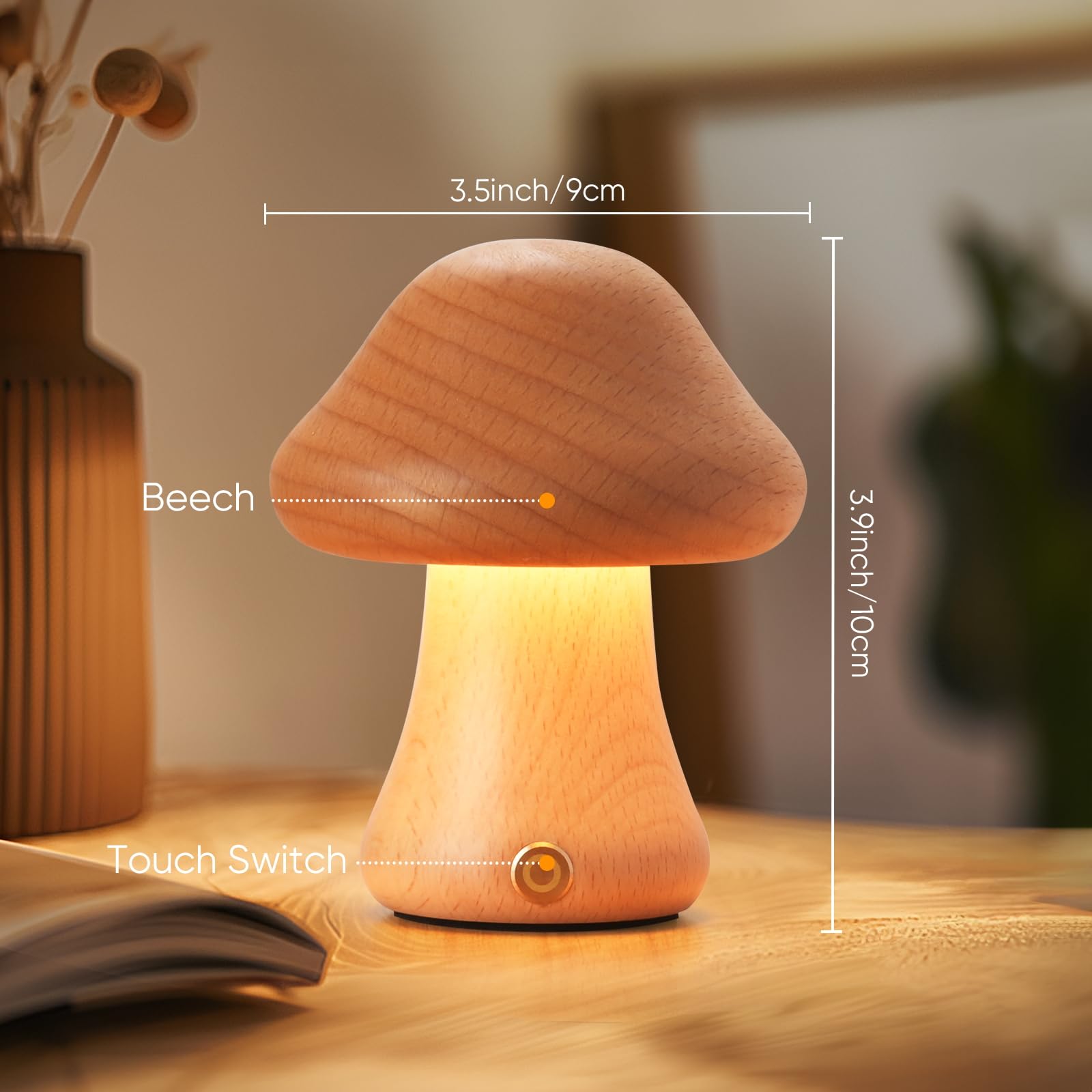 Lonrisway Creative Wood Mushroom Table Lamp, Led Desk Lamp, Bedroom Bedside Night Light, Dimmable Led Lighting, Creative Home Decor Table Lamp, Unique House Warm