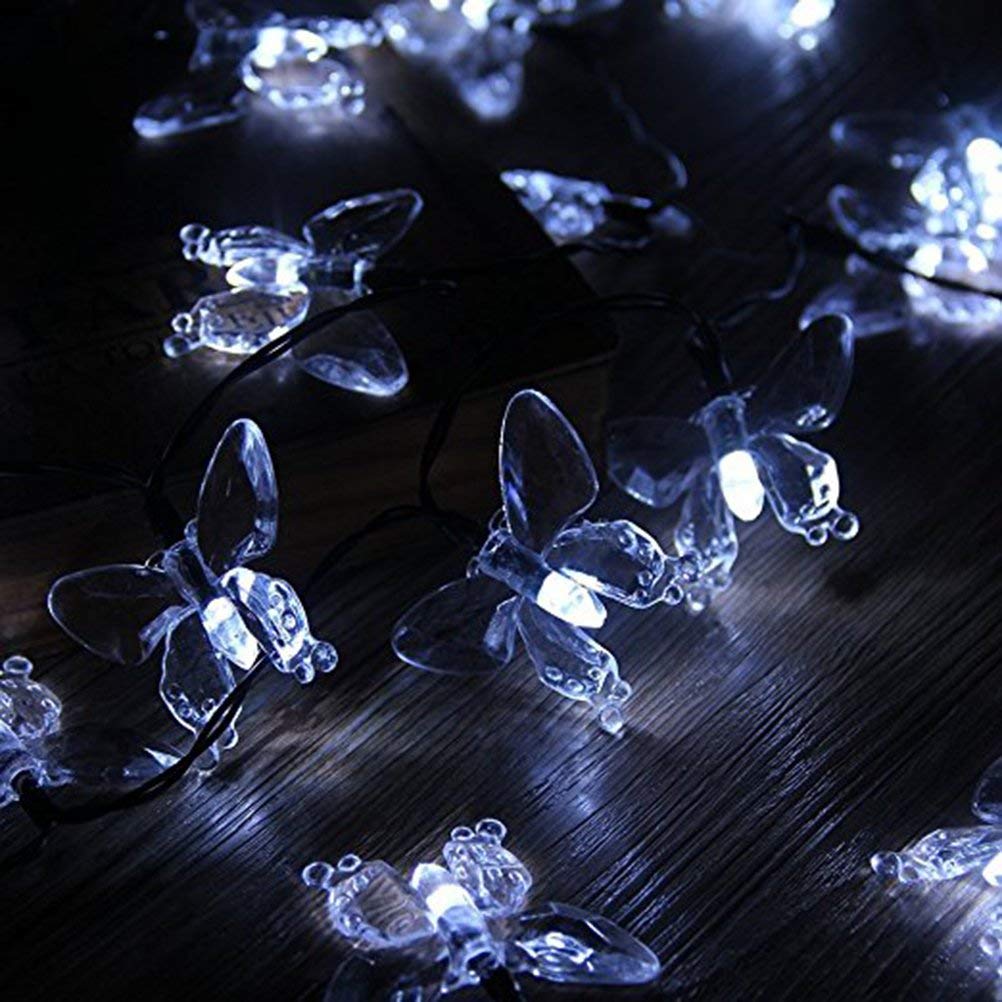 Muequ Butterfly String Lights, Waterproof Solar String Lights 16Ft 20Led Butterfly Solar Fairy Lights Decorative Lighting For Wedding,Garden,Home,Porch,Lawn,Holiday Decorations (White)