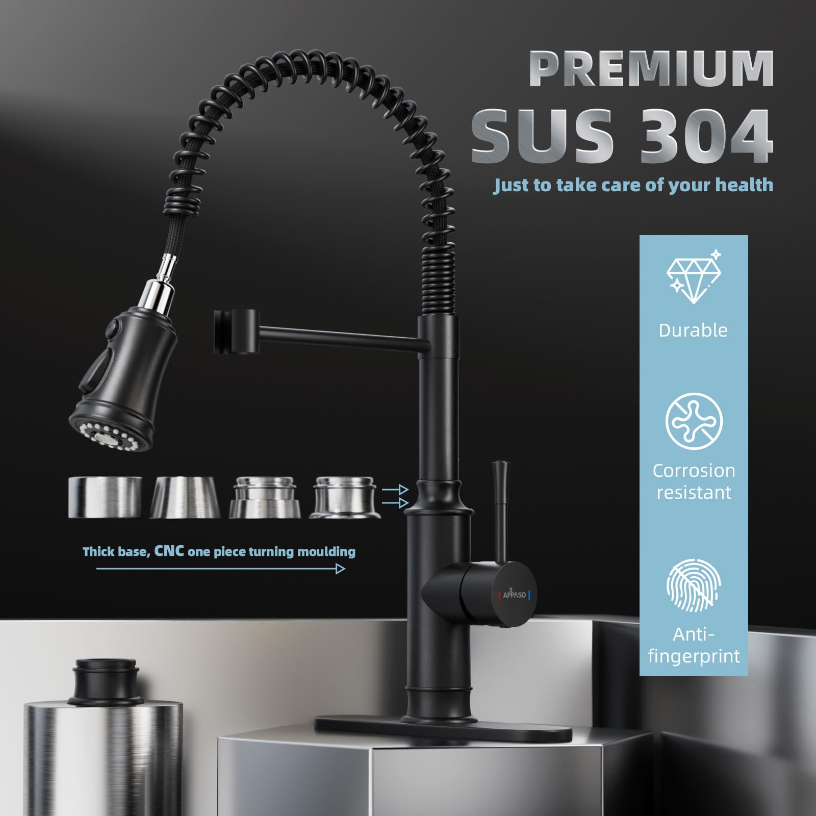 Appaso Kitchen Faucets With Pull Down Sprayer, Single Handle High Arc Matte Black Kitchen Faucet, Stainless Steel Faucet For Kitchen Sink, 20 Inch Pull Out Kitchen Faucets With Deck Plate