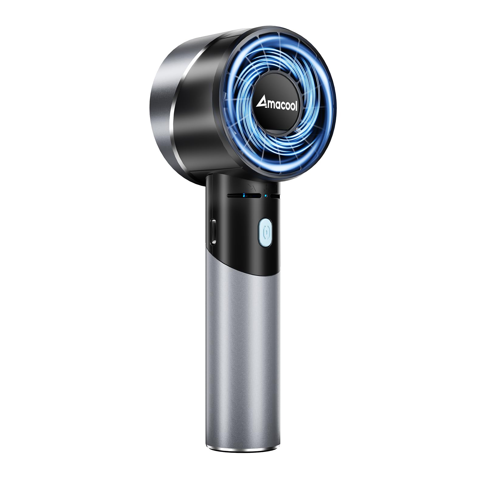 Amacool portable handheld turbo fan with 4 adjustable speeds, cool metal body, and 17 hours of runtime