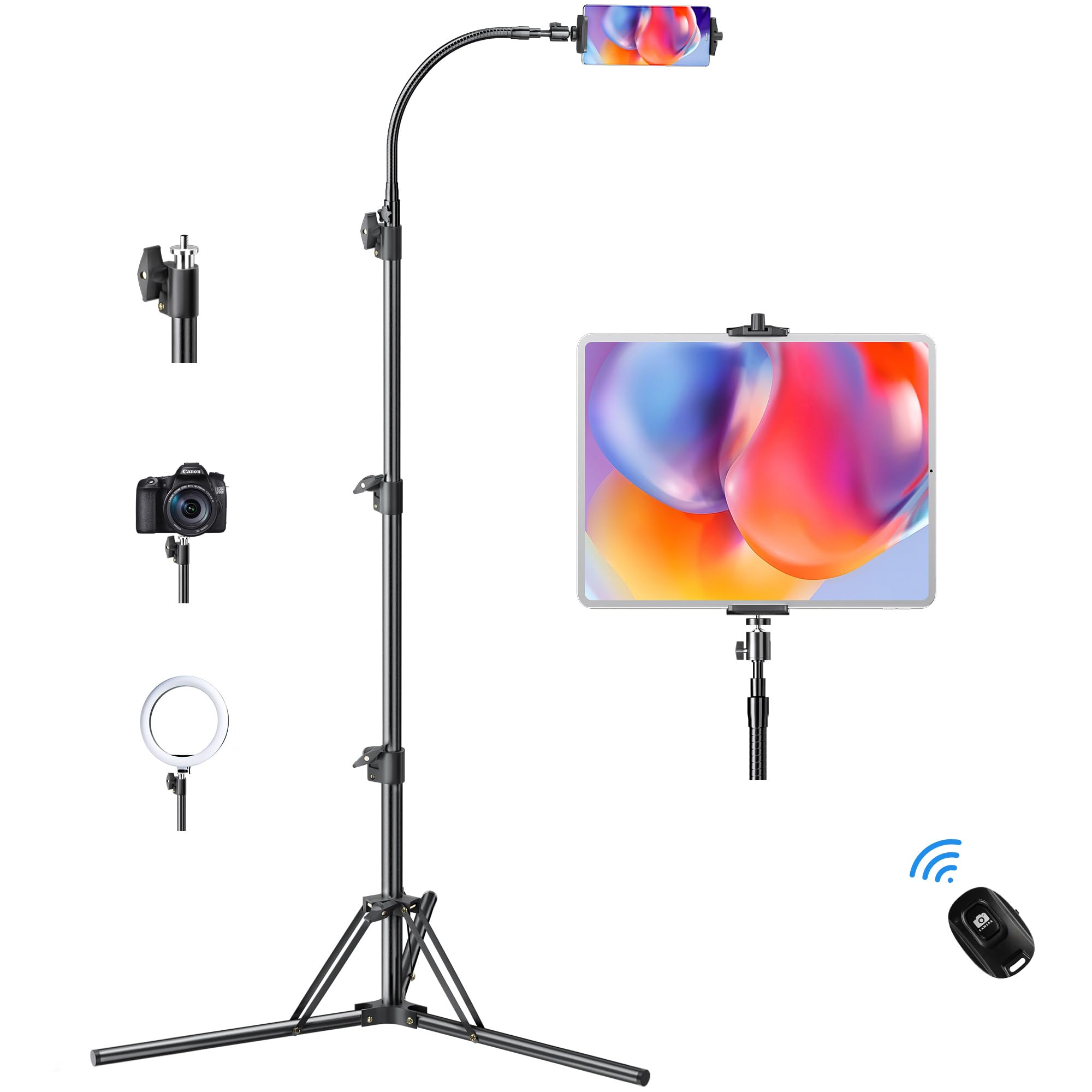 Yotilon Tall Flexible Phone Tripod With Adjustable Gooseneck, Remote For 4.9-12.9'' Cell Phone/Ipad - Recording/Watching/Cooking/Vlogging