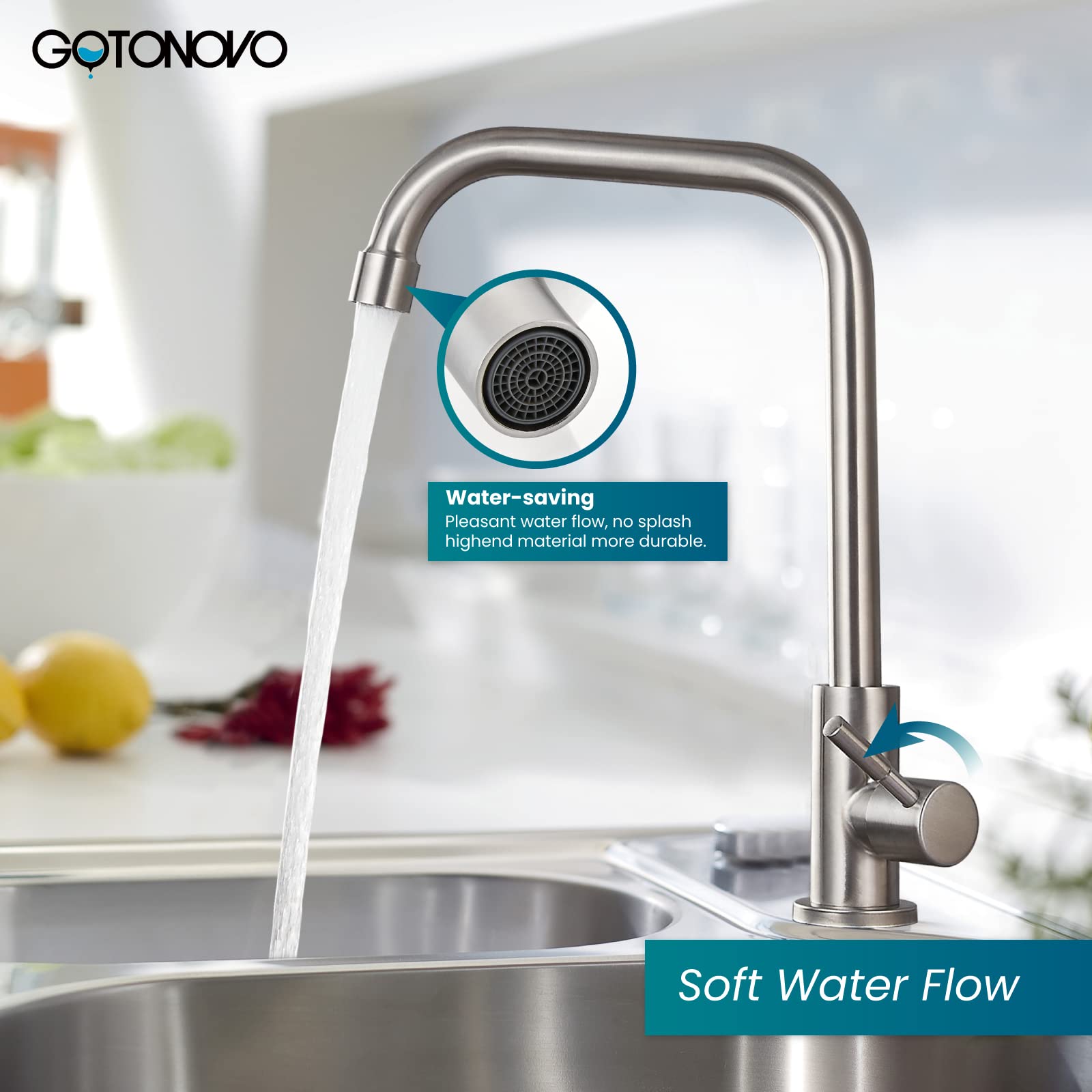 Gotonovo 304 Stainless Steel Cold Water Kitchen Faucet Commercial Tap 90 Degree Bar Faucet Single Lever Brushed Nickel Modern Saving Water