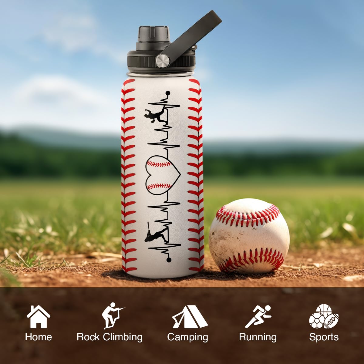 Sandjest Baseball Water Bottle 32Oz Stainless Steel Insulated Bottle For Men, Women