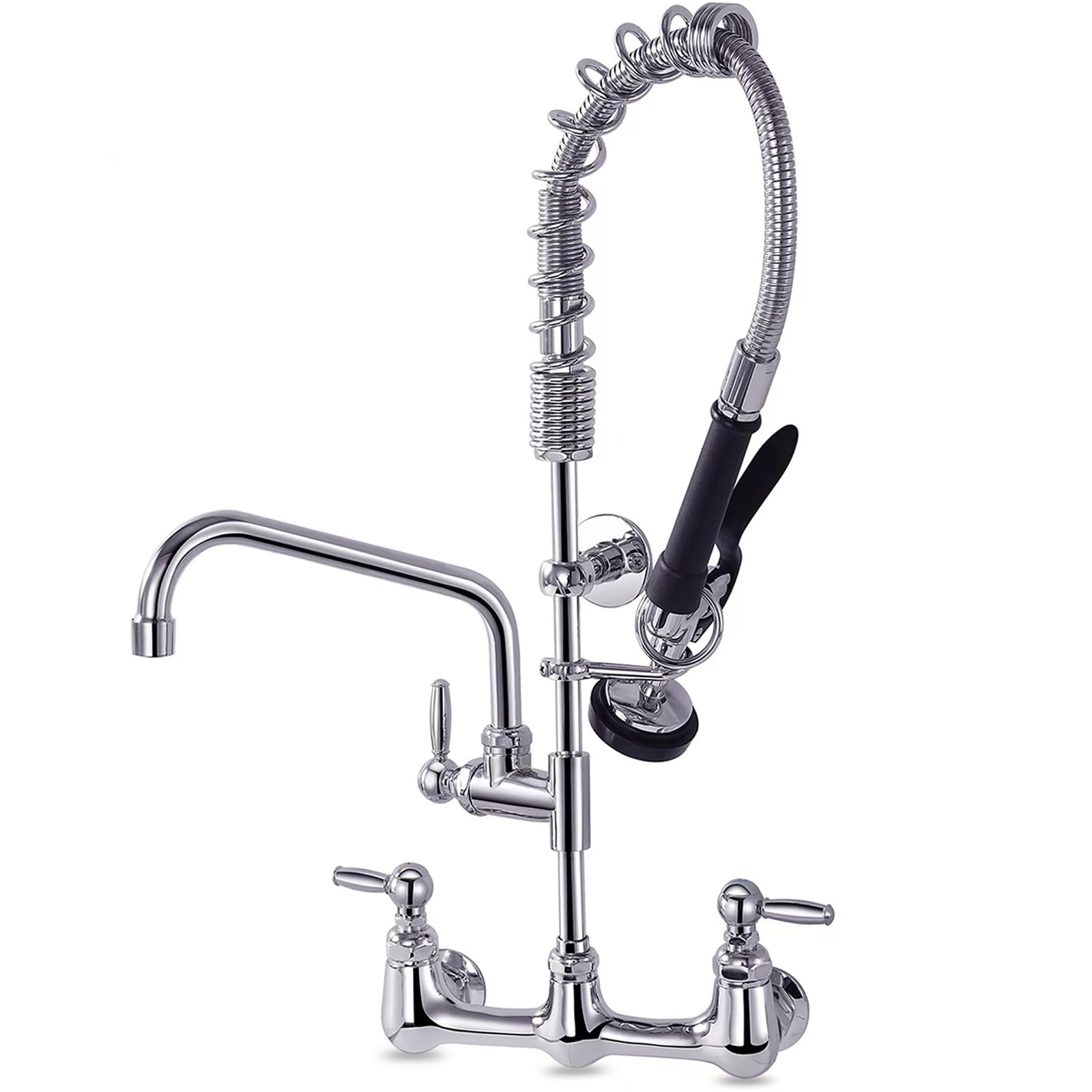 Golrean Commercial Faucet With Pre Rinse Sprayer, Wall Mount Kitchen With 12" Add-On Swing Spout 8 Inch Center Commercial Sink Faucet Pull Down Sprayer For Industrial, Restaurant, Sink, Brass, 25" Height