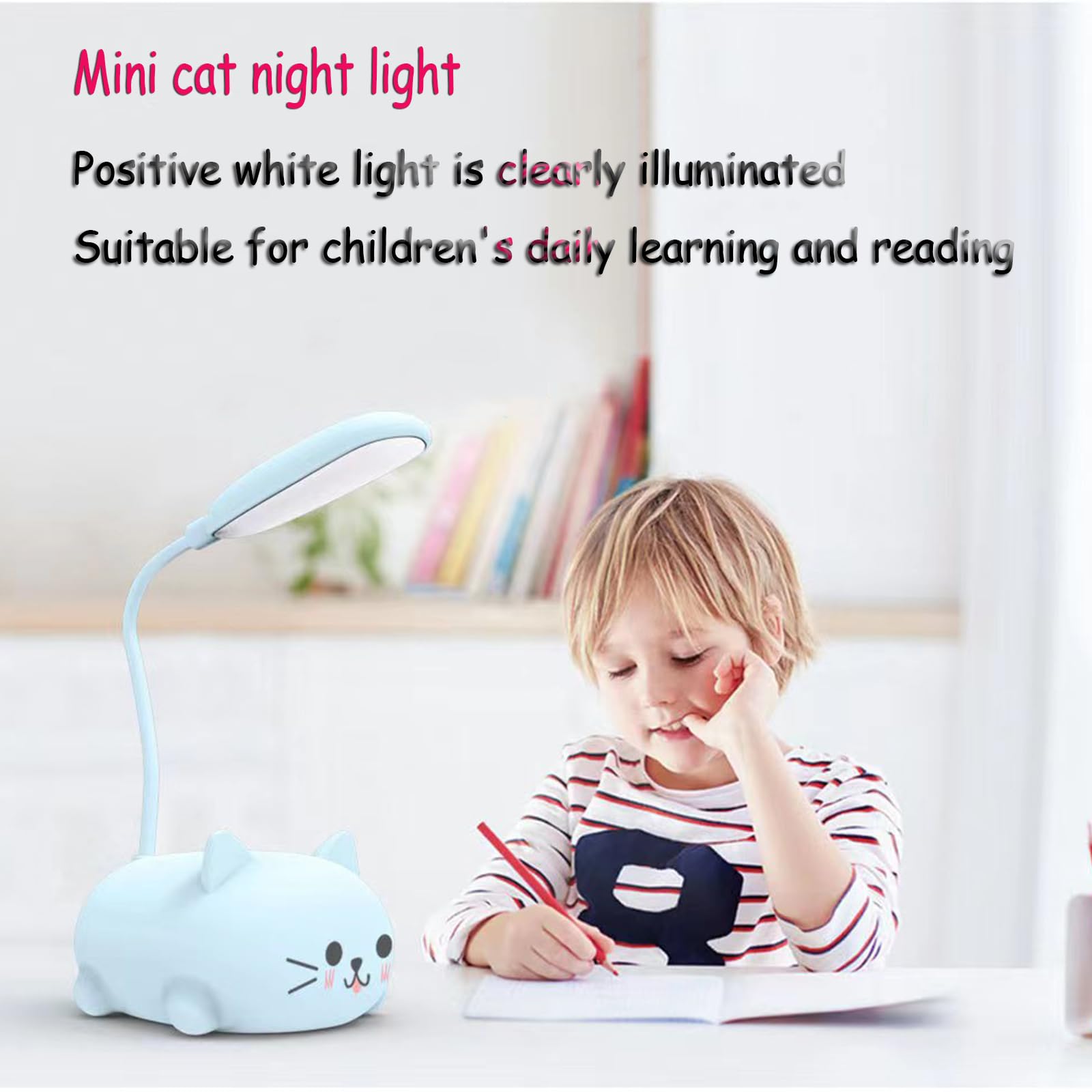 Neioaas Led Desk Lamp For Kids, Cute Cat Lamp Usb Rechargeable Reading Light,Portable Led Table Light, Flexible Gooseneck Eye-Care Cartoons Small Desk Lamp Girls (Pink)