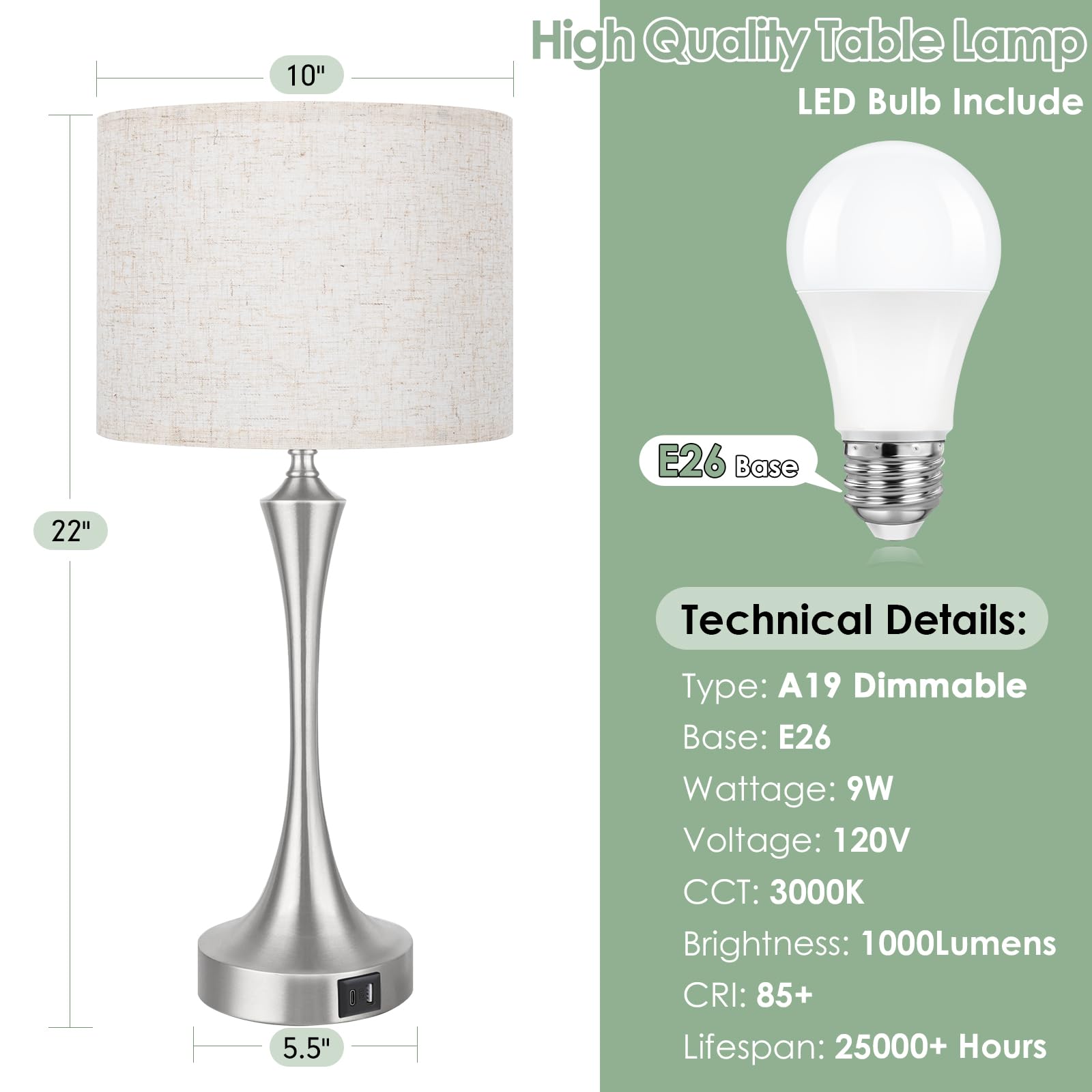 Ggoying 22” Touch Control Table Lamp Set Of 2, 3 Way Dimmable Nightstand Lamp With Usb A+C Ports, 3000K Led Bulbs, Fabric Lampshade Brush Nickel Bedside Lamp For Bedroom, Silver