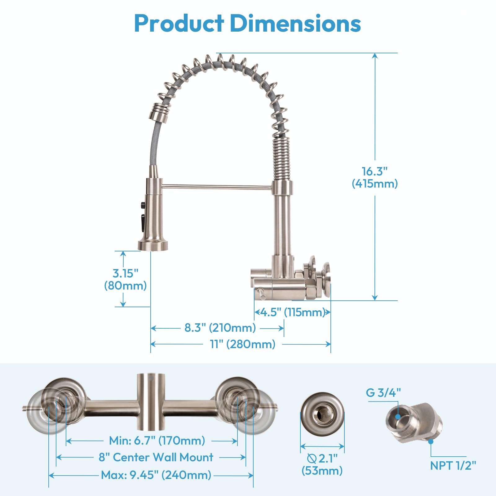 Besdor Wall Mount Kitchen Faucet, 8 Inch Center Wall Mount Faucet With Pull Down Sprayer, Commercial Spring Wall Faucet For Kitchen Sink, 3 Functions, Dual Handle, 304 Stainless Steel, Brushed Nickel
