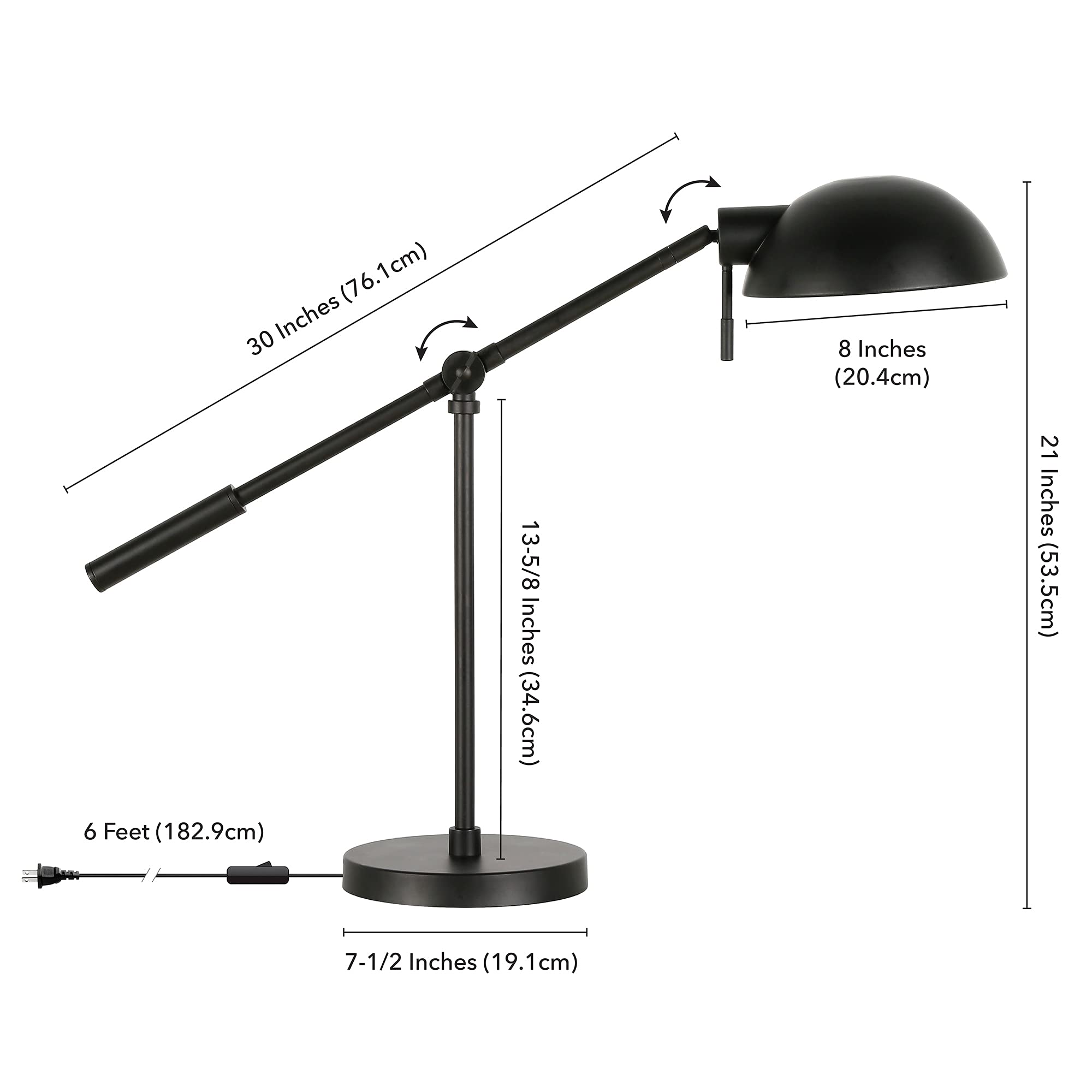 Henn&Hart 23.25" Tall Boom Arm Table Lamp With Metal Shade In Black, For Home, Living Room, Bedroom, Entertainment Room, Office, Kitchen, Dining