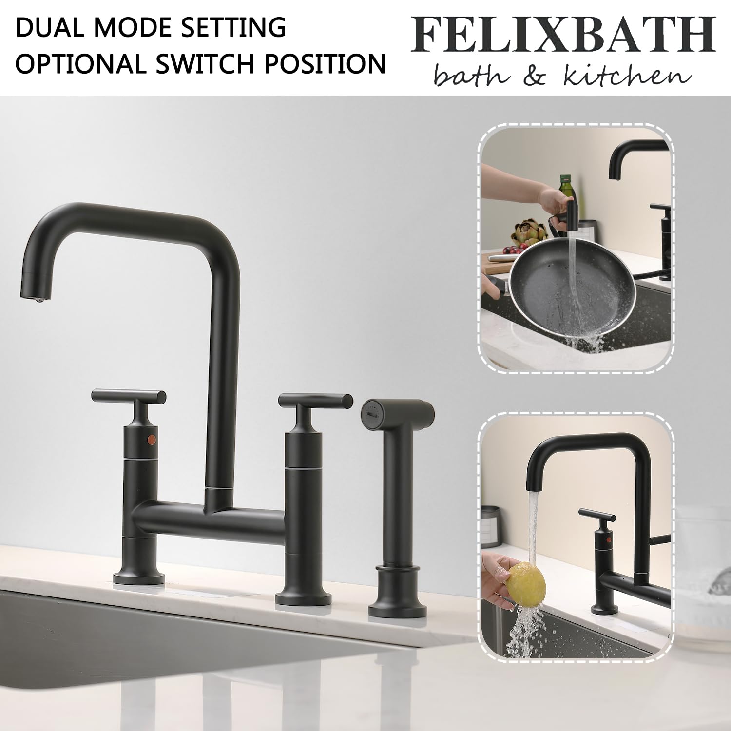 Felixbath Kitchen Bridge Faucet With Side Sprayer, 2 Handles 3 Holes Brass Kitchen Faucet 8 Inch Deck Mount Kitchen Sink Faucet, Matte Black (Cp026B)