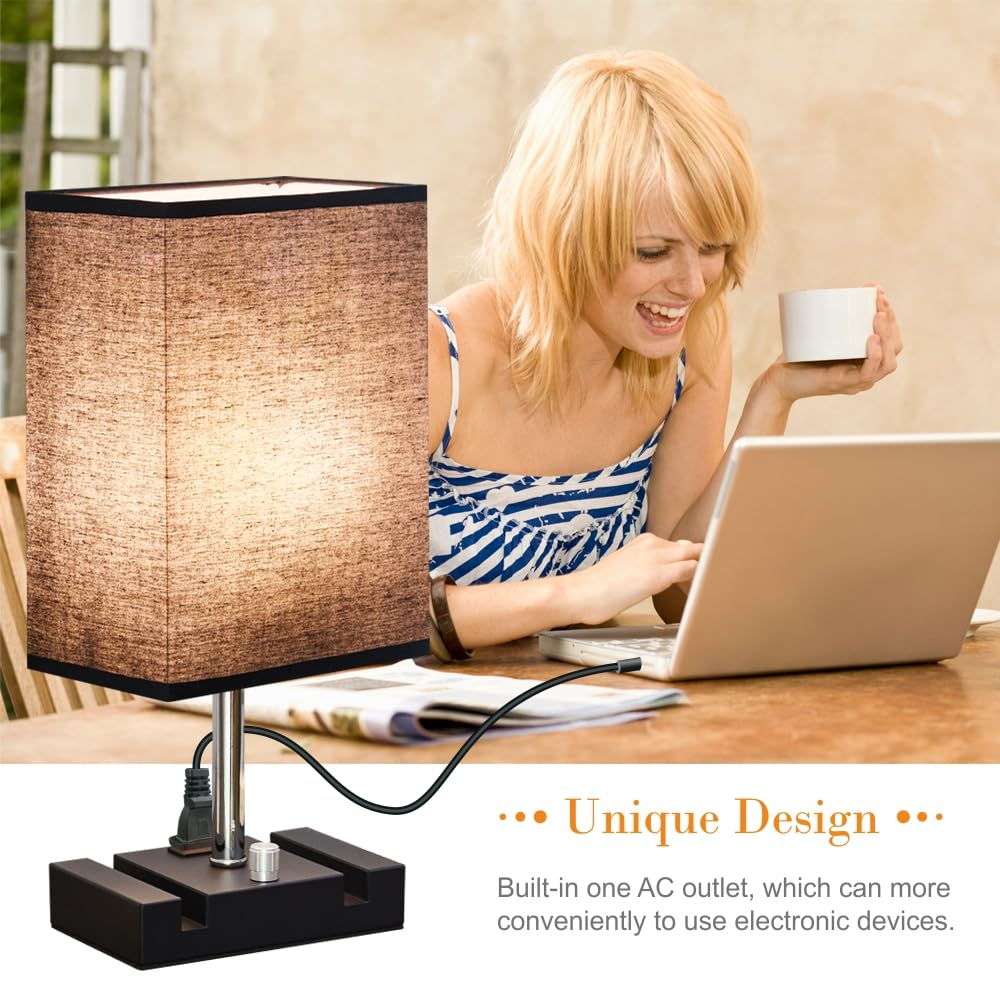 Lifeholder Fully Dimmable Nightstand Lamp For Bedroom With Ac Outlet, Table Lamp With Two Phone Stands, Bedside Lamps, Desk Lamp For Bedroom, Living Room, Led Bulb Included Black