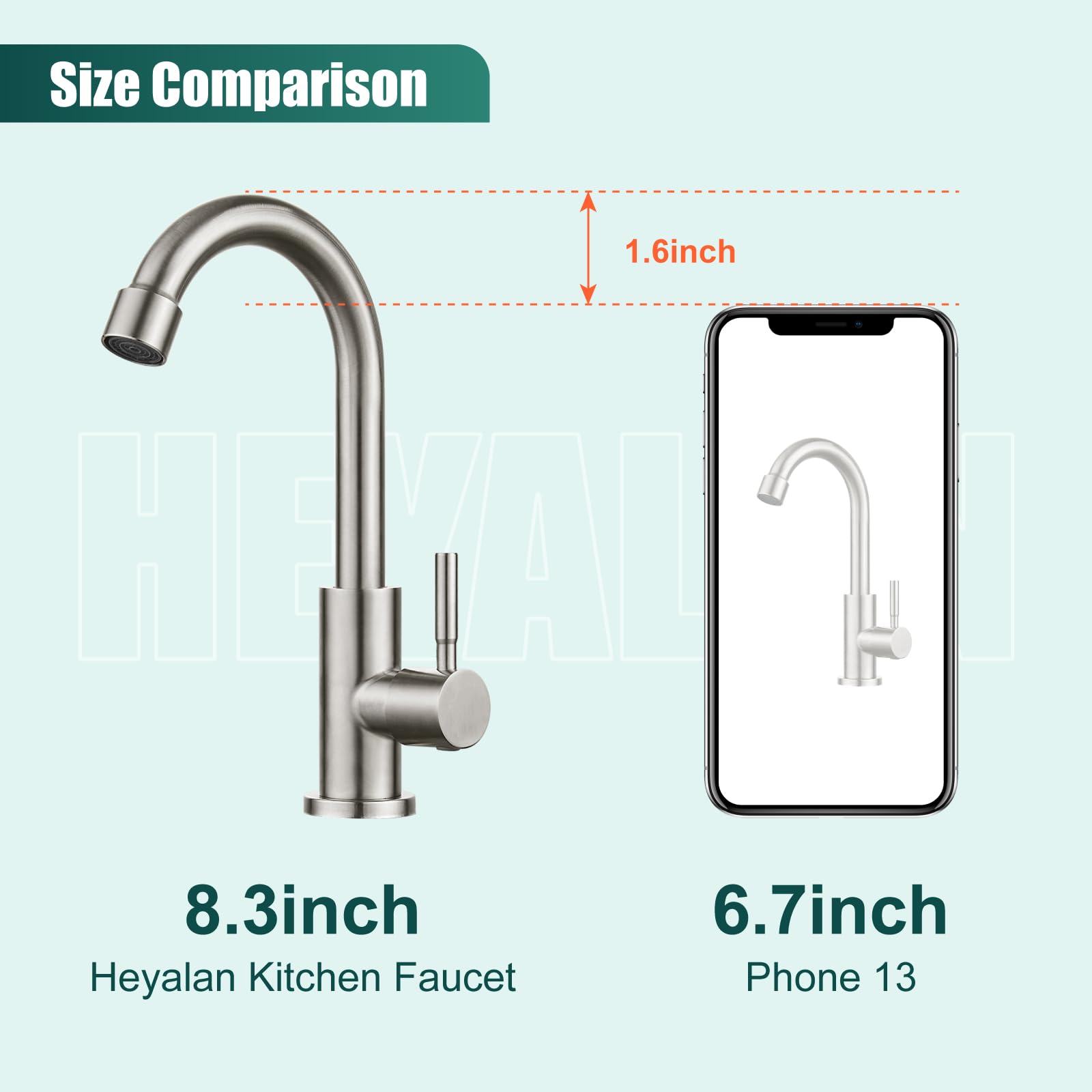 Heyalan Kitchen Faucet Single Handle 1 Hole Deck Mount Sus304 Stainless Steel Sink Bar Tap Goose Neck,Cold Water Faucet,Brushed Nickel