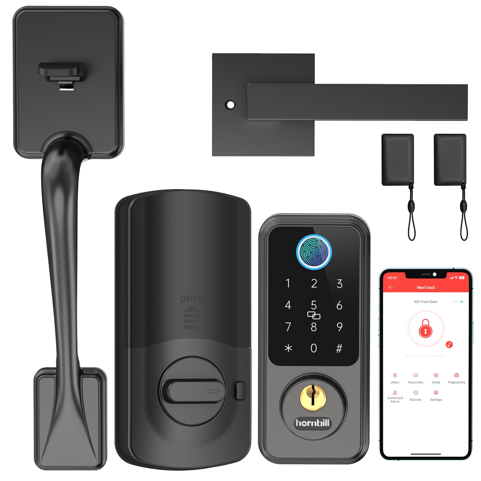 Hornbill Smart Lock Front Door - Keyless Entry Door Lock With Handle Set, Smart Deadbolt For Front Door, Bluetooth Fingerprint Biometric Auto Lock For House, Airbnb, Office, Appartment