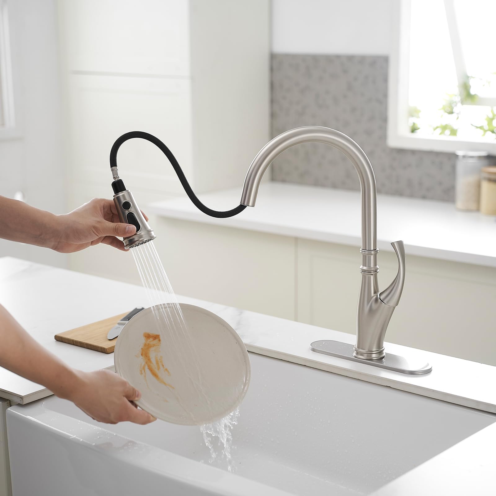 Greenspring Brushed Nickel Kitchen Sink Faucet With Pull Down Sprayer Modern Faucet For Kitchen Sink High Arc Single Handle Kitchen Sink Faucets For 1 Or 3 Hole Sink, Brass Pull Out Kitchen Faucet