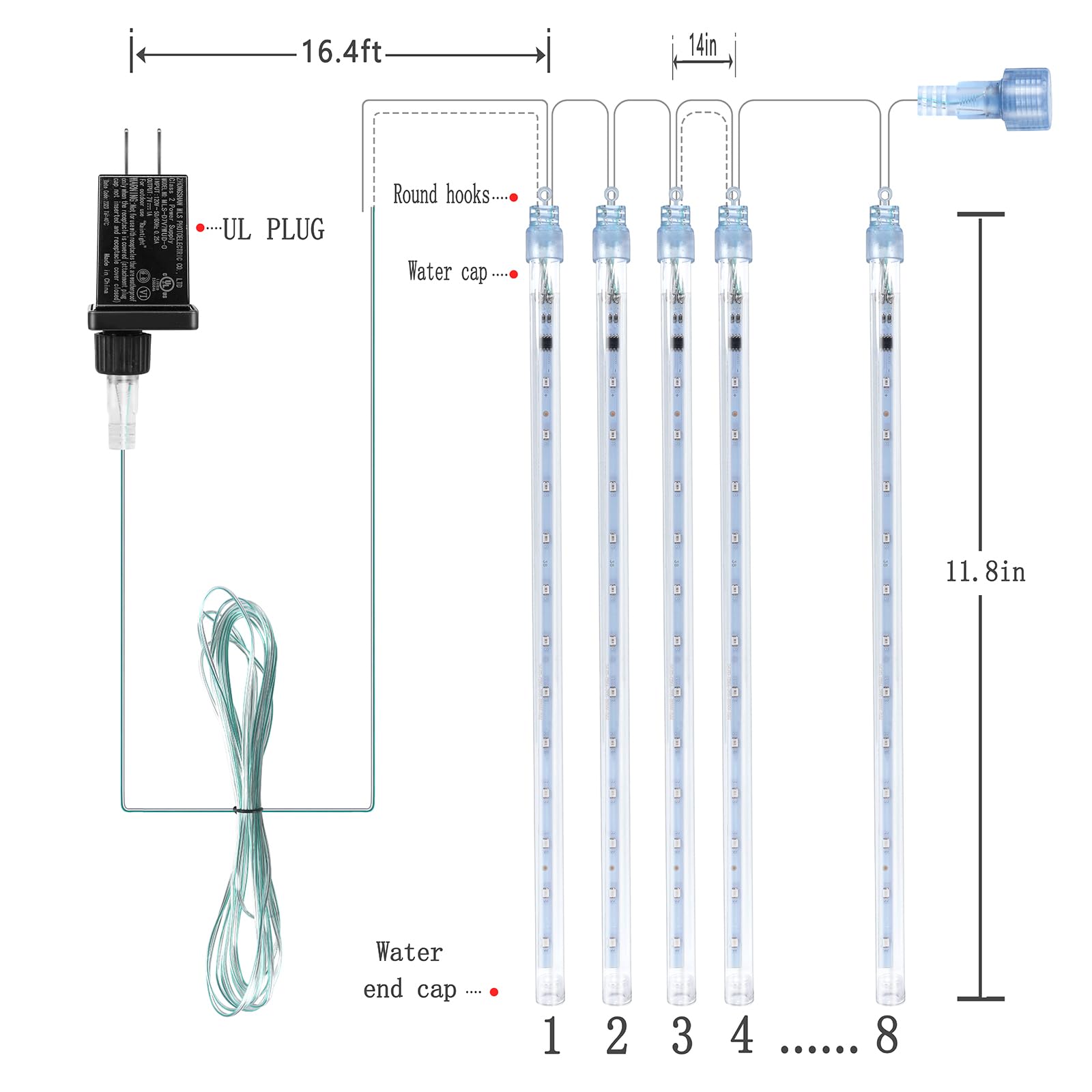 Kwaiffeo Meteor Shower Lights - 12 Inch 8 Tube Rain Falling Icicle Cascading Lights For Xmas Tree, Halloween, Wedding Party & Outdoor Yard Decorations - Ul Plug Blue
