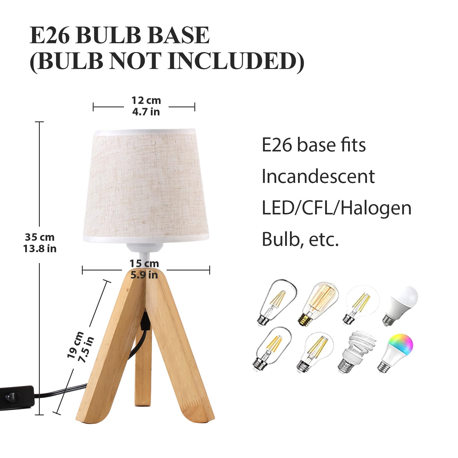 Cmhsytke Tripod Table Lamp, Wooden Base Small Lamp, Small Bedside Lamp With Fabric Lampshade, E26 Socket Nightstand Lamp For Nursery, Bedroom, Kid Room, Living Room, Office Decor