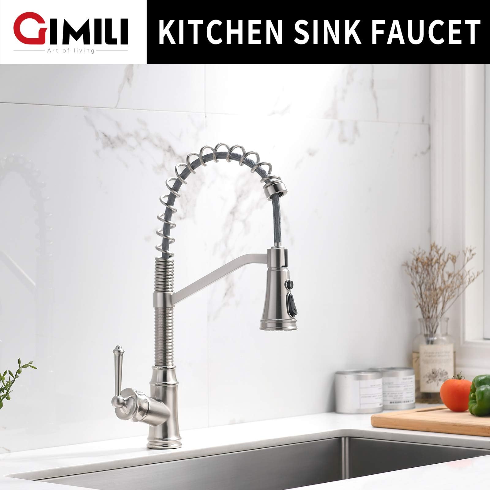 Gimili Kitchen Faucet With Pull Down Sprayer Single Handle Lever Spring Kitchen Sink Faucet Brushed Nickel