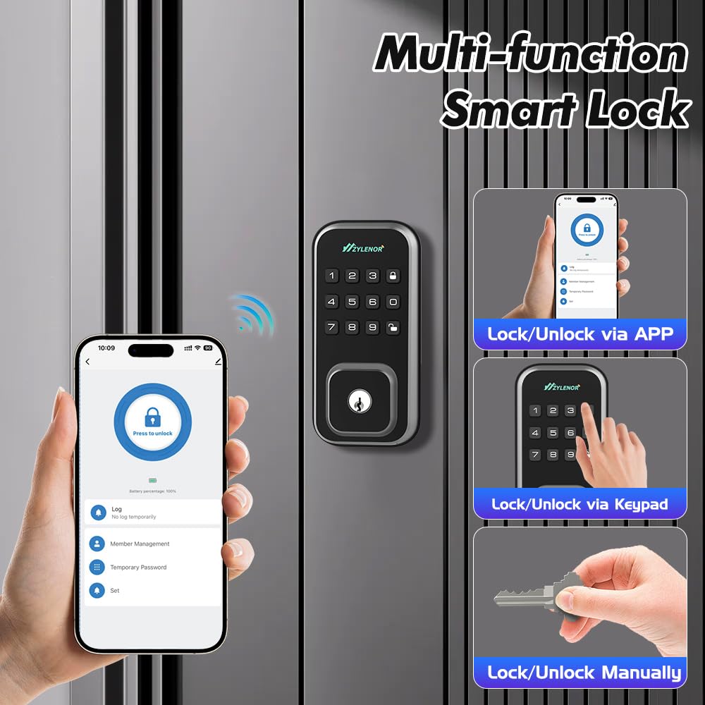 Zylenor Keyless Entry Door Lock, Smart Lock For Front Door With Digital Keypad, Built-In Wifi Deadbolt, App Remote Control With Easy Installation,  Battery Life