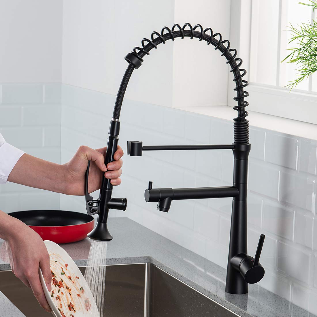 Aimadi Black Kitchen Faucet With Sprayer,Commercial Faucet Kitchen Single Handle Spring Pull Down Kitchen Sink Faucet With Led Light,Matte Black