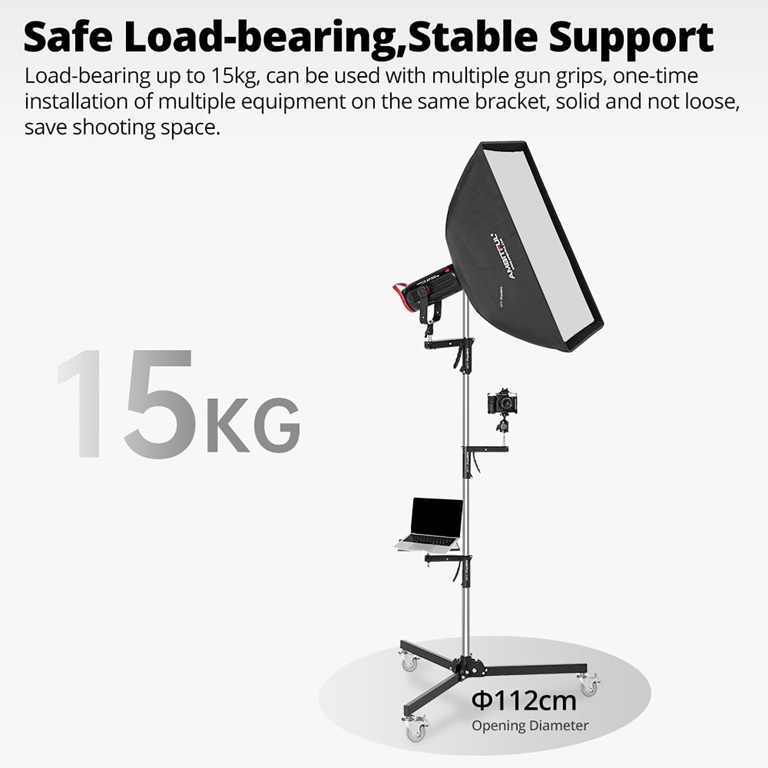 Ambitful Al250 Steel Wheeled Mobile Heavy Duty Light Stand For Photography W/Sliding Grip Arm & Chrome-Plated Column Stand, Maxsuitable For Studio Camera, Monolight, Softbox, Umbrella