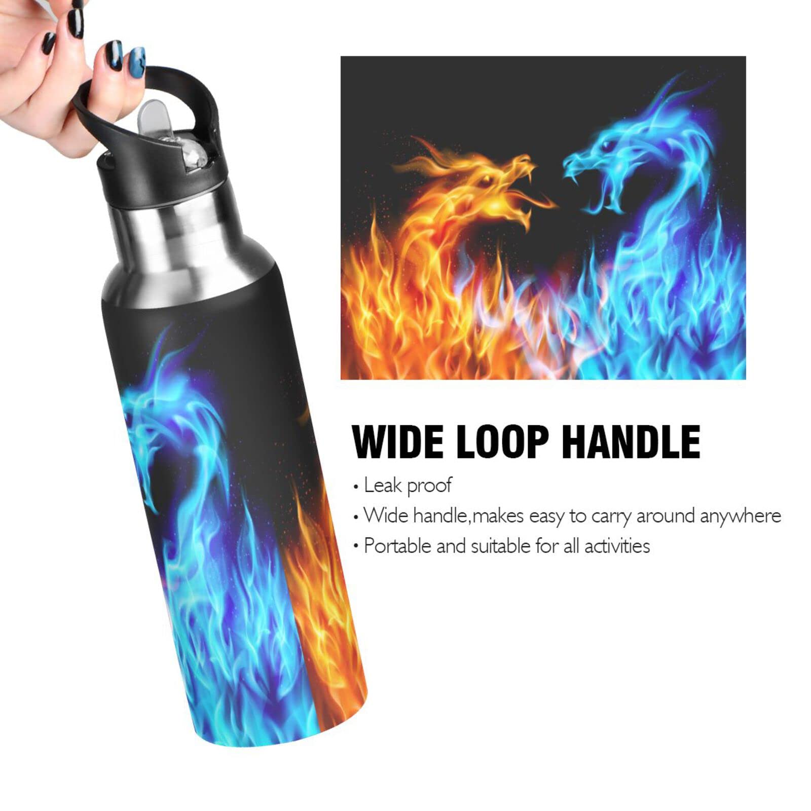 Kcldeci Red Blue Fire Dragon Sports Water Bottle 20 Oz Straw Lid Leak Proof Vacuum