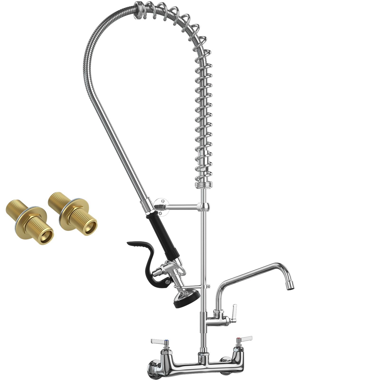 Jzbrain Commercial Faucet With Sprayer, 36" Height 8 Inch Center Brass Constructed Wall Mount Kitchen Sink Faucet With Pull Down Pre-Rinse Sprayer And 12" Swing Spout Fit For 2/3 Compartment Sink