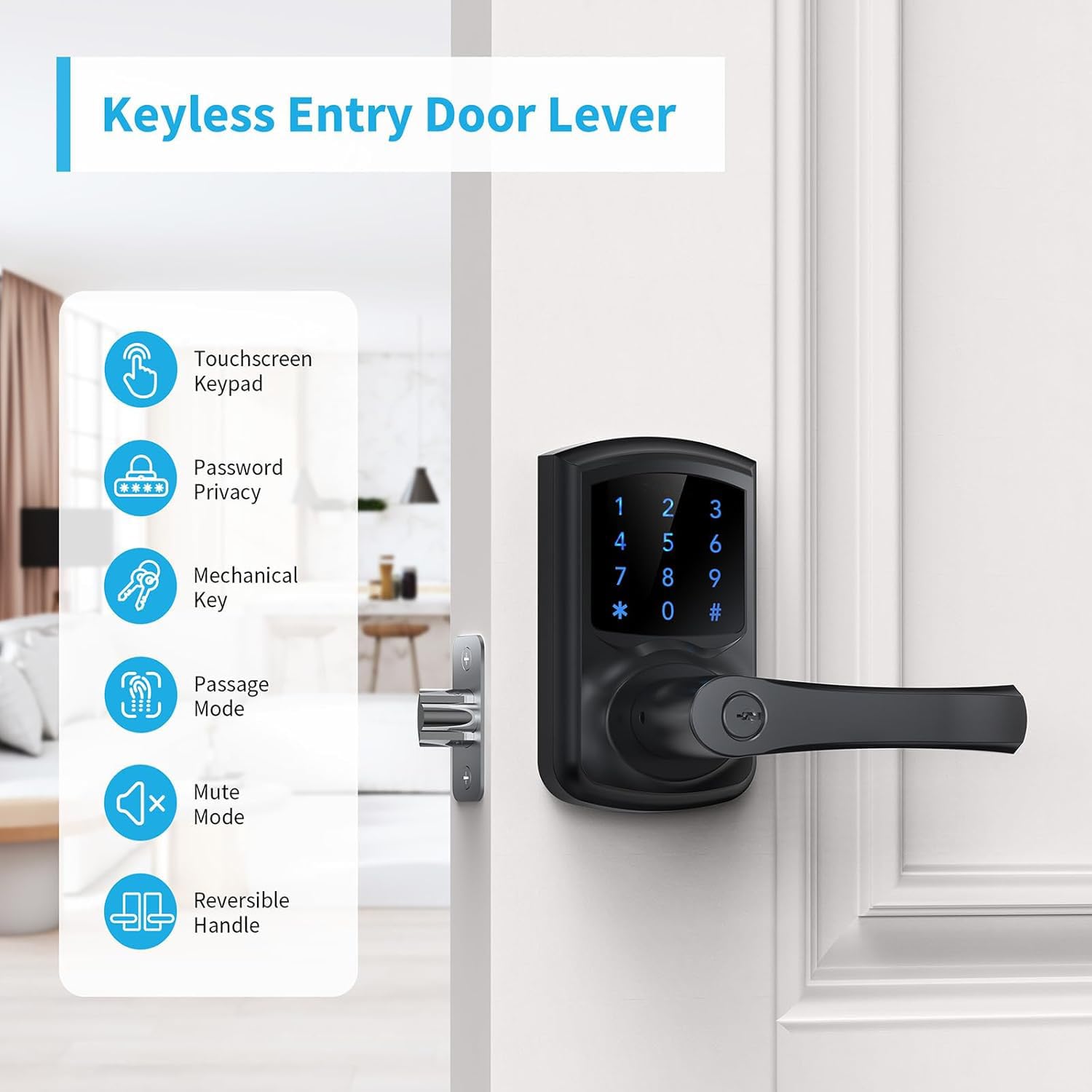 Signstek Keyless Entry Door Lock With Handle, Digital Keypad Door Knob, Smart Electronic Lock With Code, Touchscreen, Auto-Locking, Matte Black