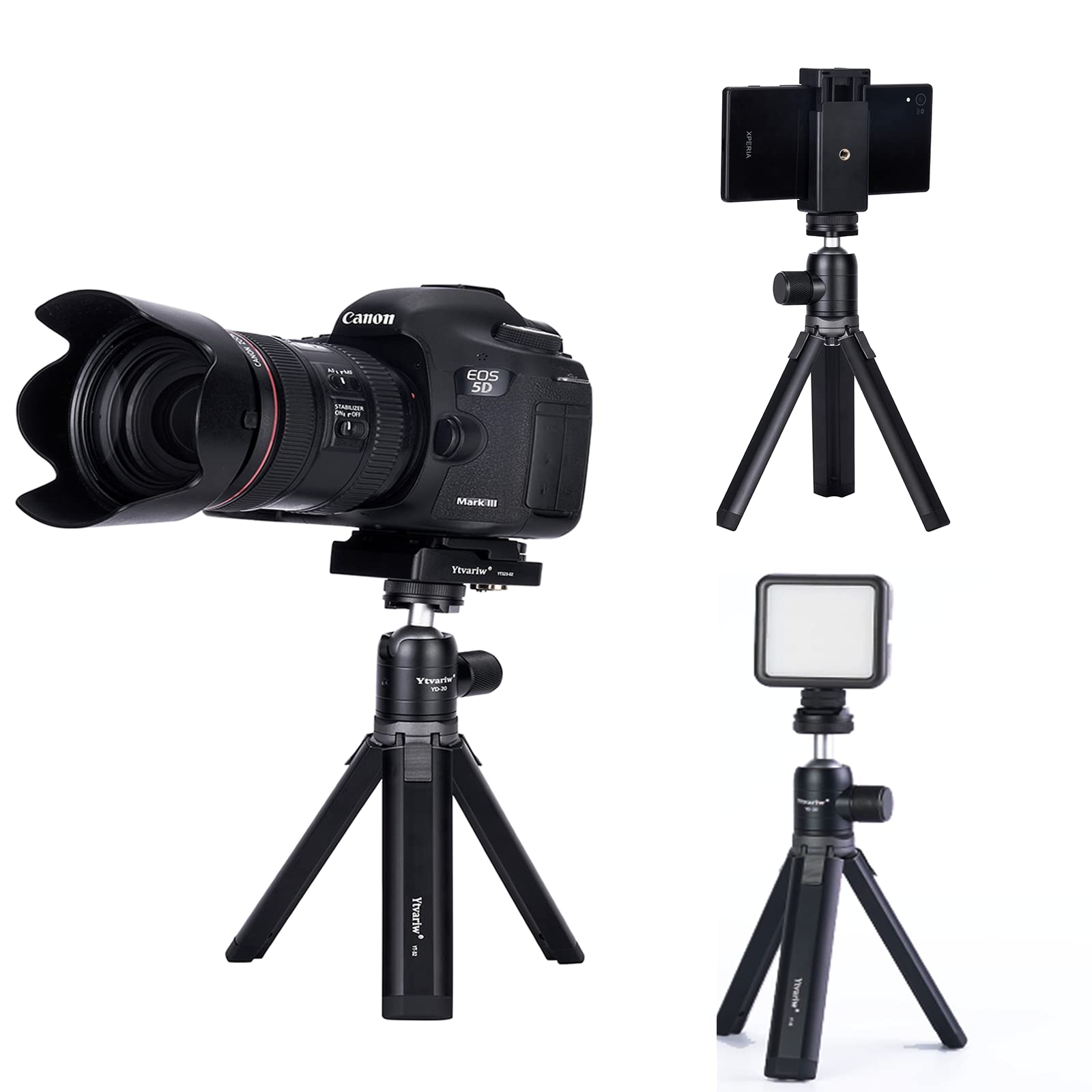 Ytvariw Mini Camera Tripod With Phone Holder,Aluminum Alloy Desktop Tripod Stand Lightweight Portabletripod 360° Ball Head Cold Shoe For Dslr, Webcam,Cell Phone