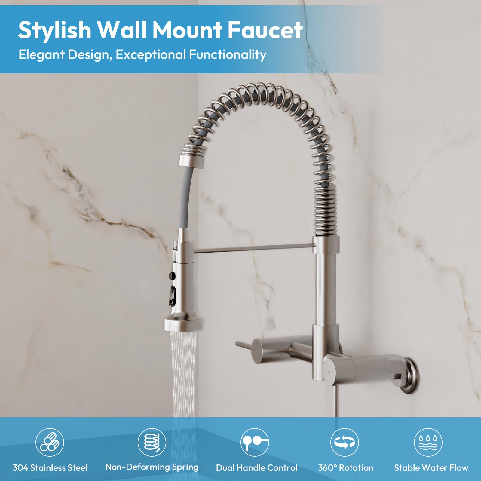 Besdor Wall Mount Kitchen Faucet, 8 Inch Center Wall Mount Faucet With Pull Down Sprayer, Commercial Spring Wall Faucet For Kitchen Sink, 3 Functions, Dual Handle, 304 Stainless Steel, Brushed Nickel