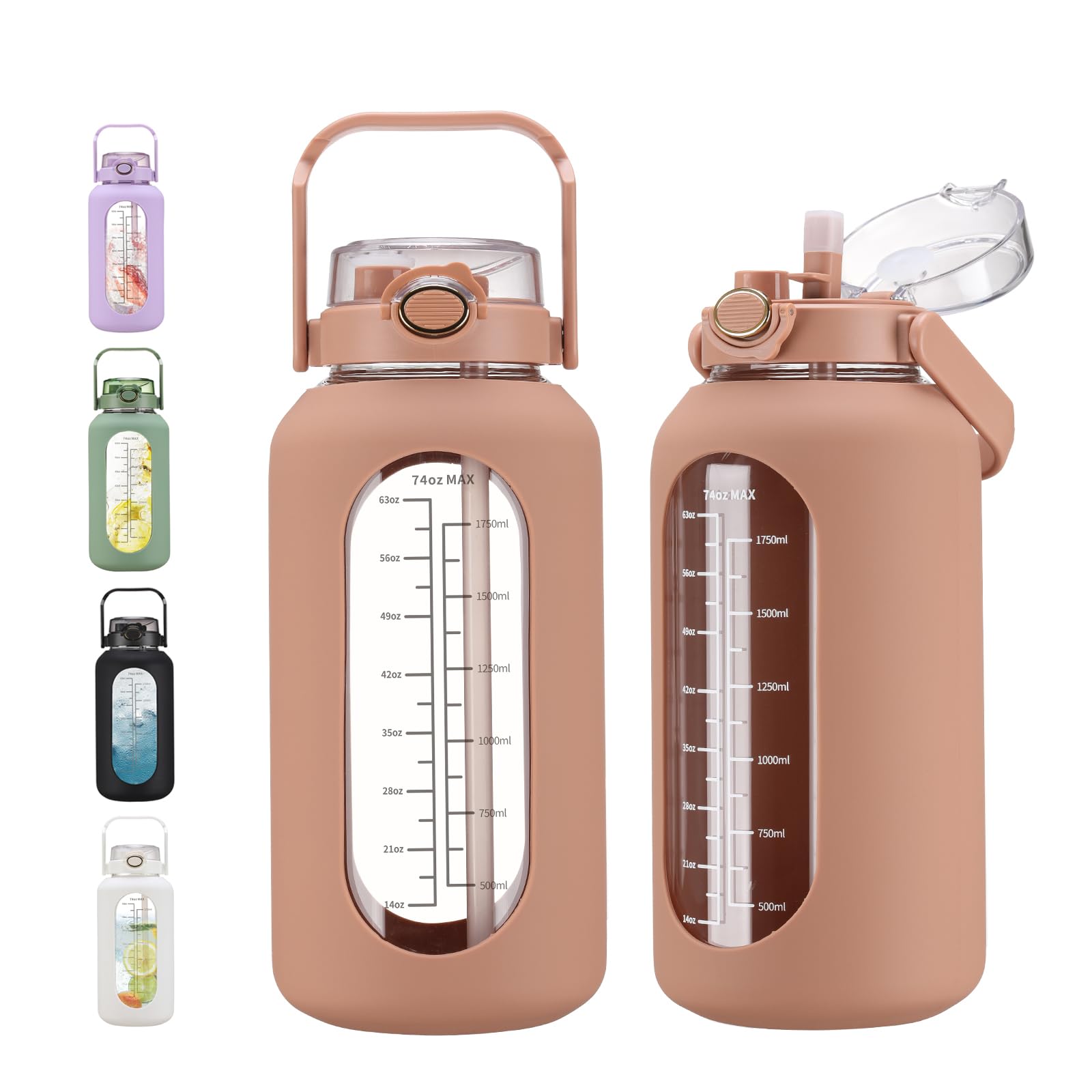 74 Oz Glass Water Bolttles With Straw Large Motivational Water Bottle With Time Marker Sports Water