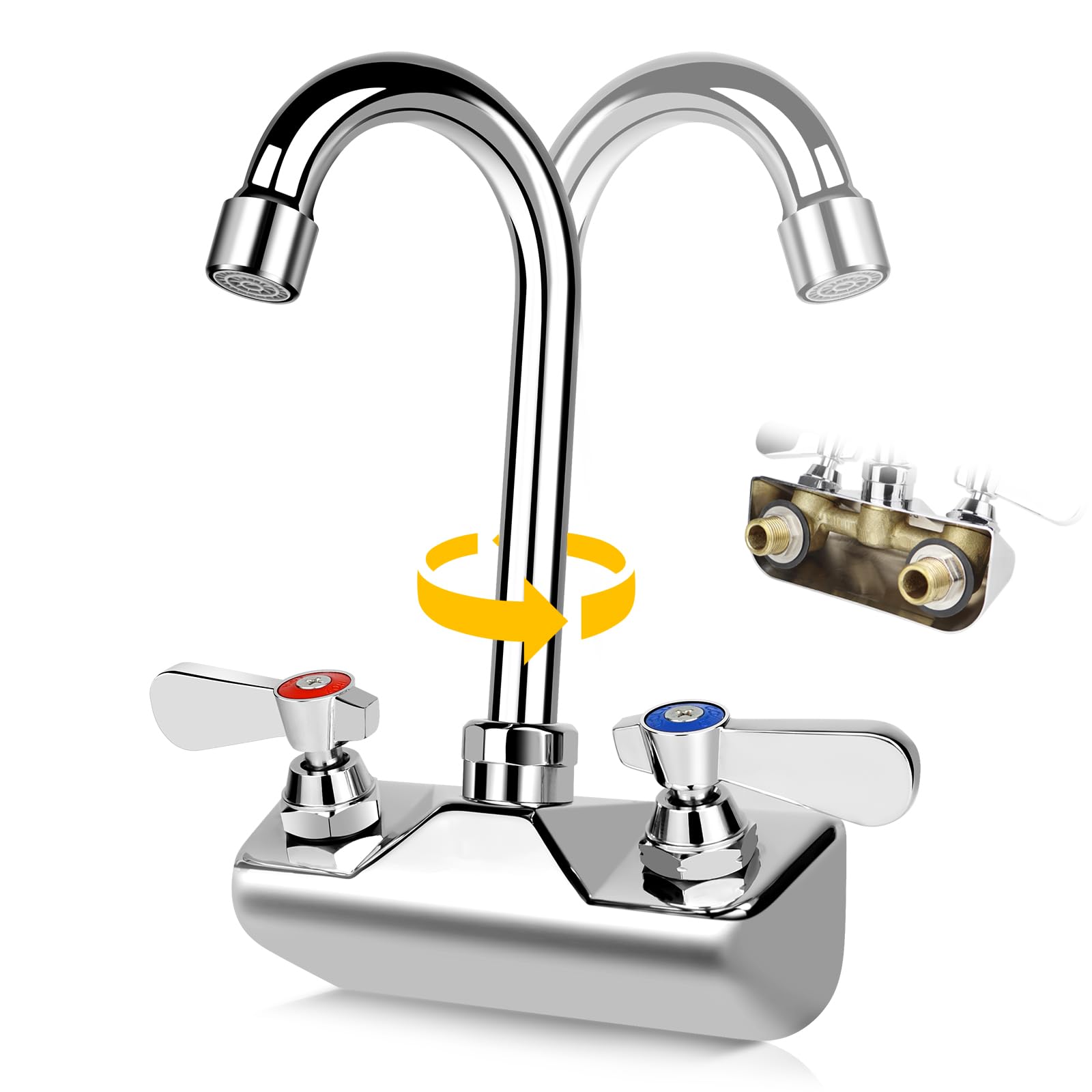 Zkdausdo 4 Inch Center Commercial Sink Faucet Wall Mount Kitchen Hand Sink Faucet, 1/2" Npt Male Inlet, Brass Constructed & Chrome Polished, With 3-1/2" Gooseneck Spout & Dual Lever Handles