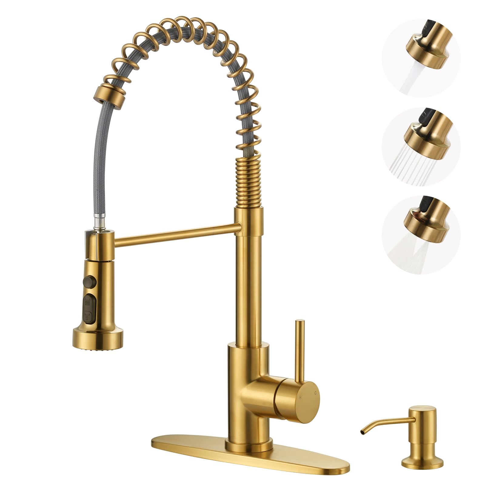 Arcora Kitchen Sink Faucet With Soap Dispenser: Brushed Gold Kitchen Faucets With Pull Down Sprayer - Stainless Steel Single Handle Kitchen Faucet With Deck Plate For Farmhouse Rv Laundry