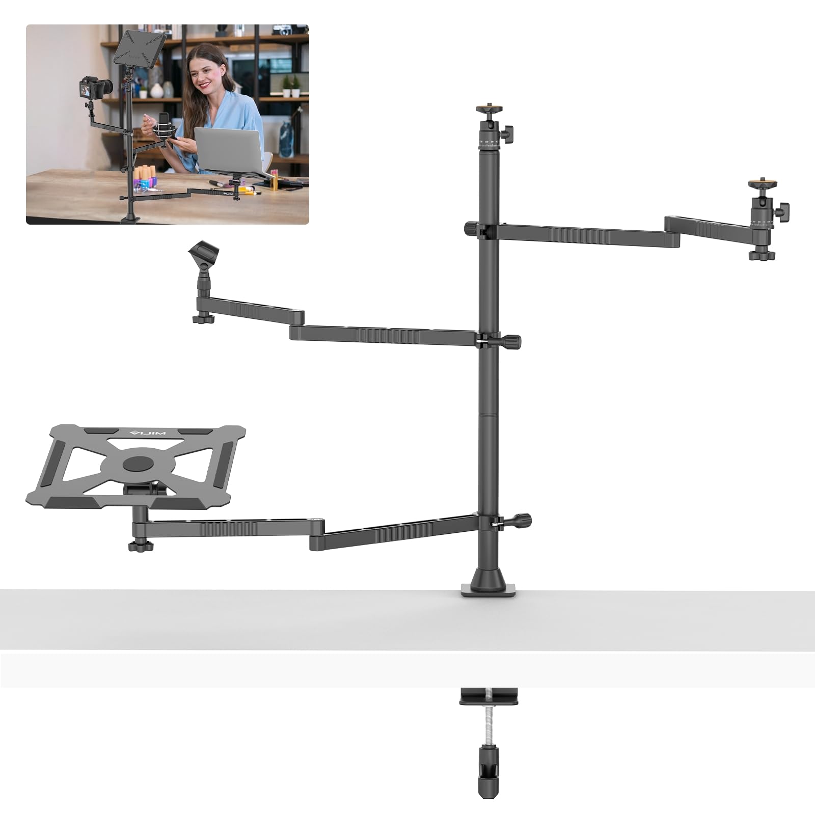 Vijim Ulanzi Broadcast Boom Arm,Ls23 Camera Desk Mount Stand With Flexible Arm,Overhead Camera Mount, Microphone Boom Arm For Blue Yeti Nano, Podcast Kit For Ring Light/Dslr Camera/Webcam/Panel Light