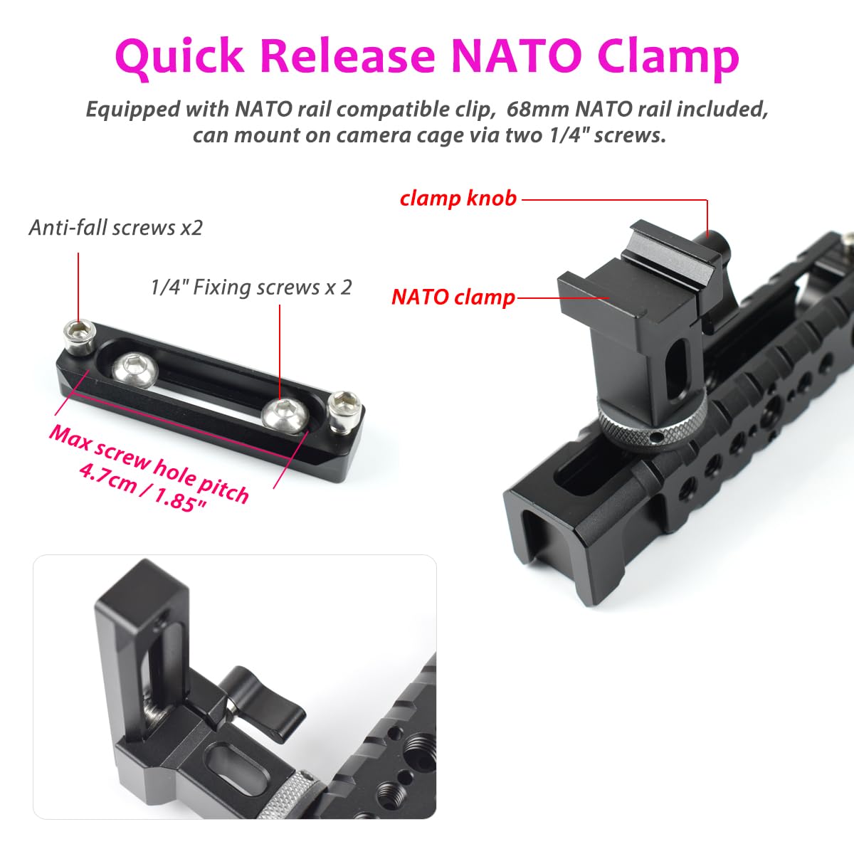 Akeipho Top Dslr Camera Handle, Universal Hand Grip With Quick Release Nato Clamp, 4 Cold Shoes And 1/4" 3/8" Arri Threads For Camera Cage Rig